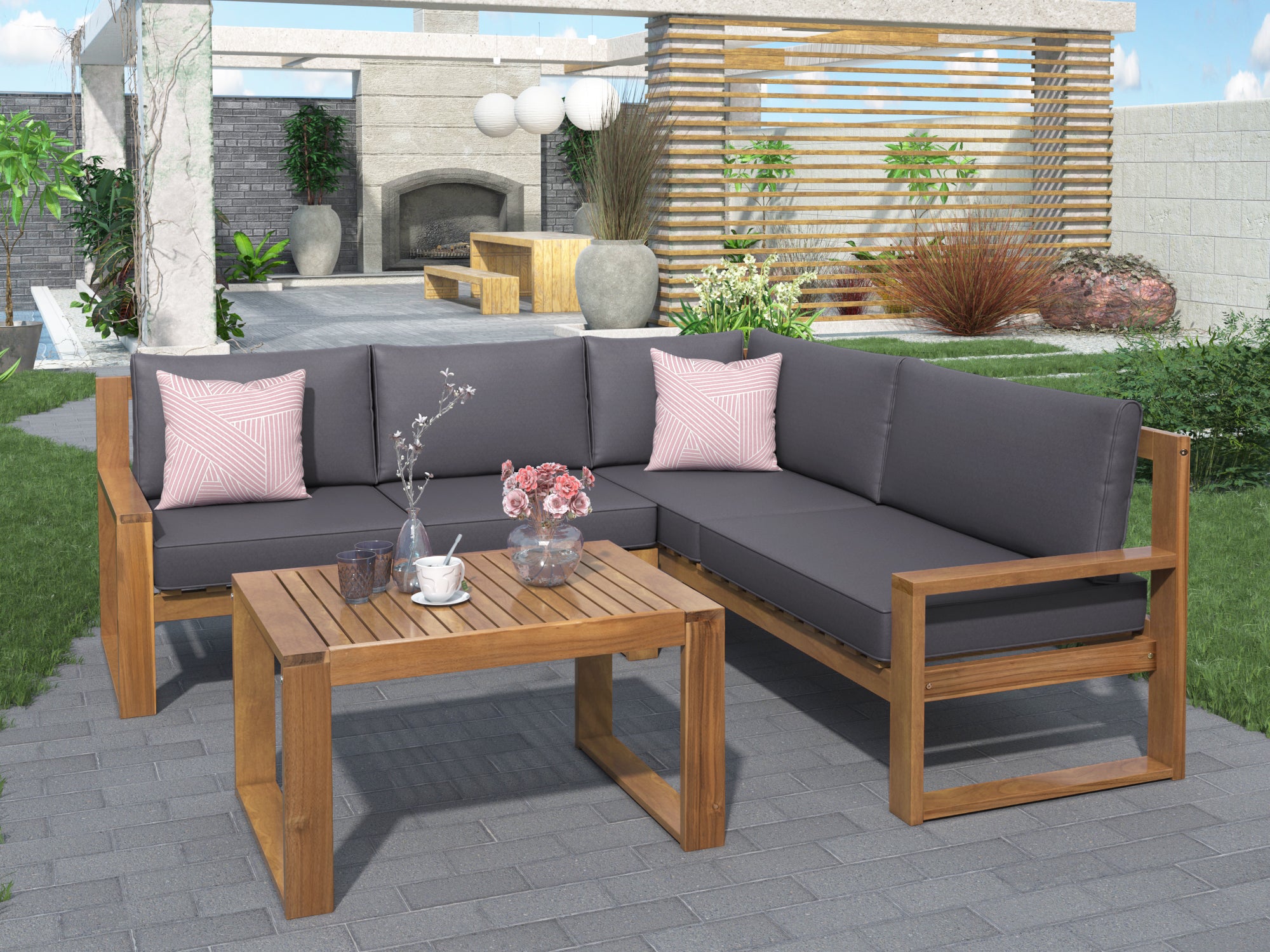 3 Piece Outdoors Pine Symmetrical Patio Sectional and Grey Cushions