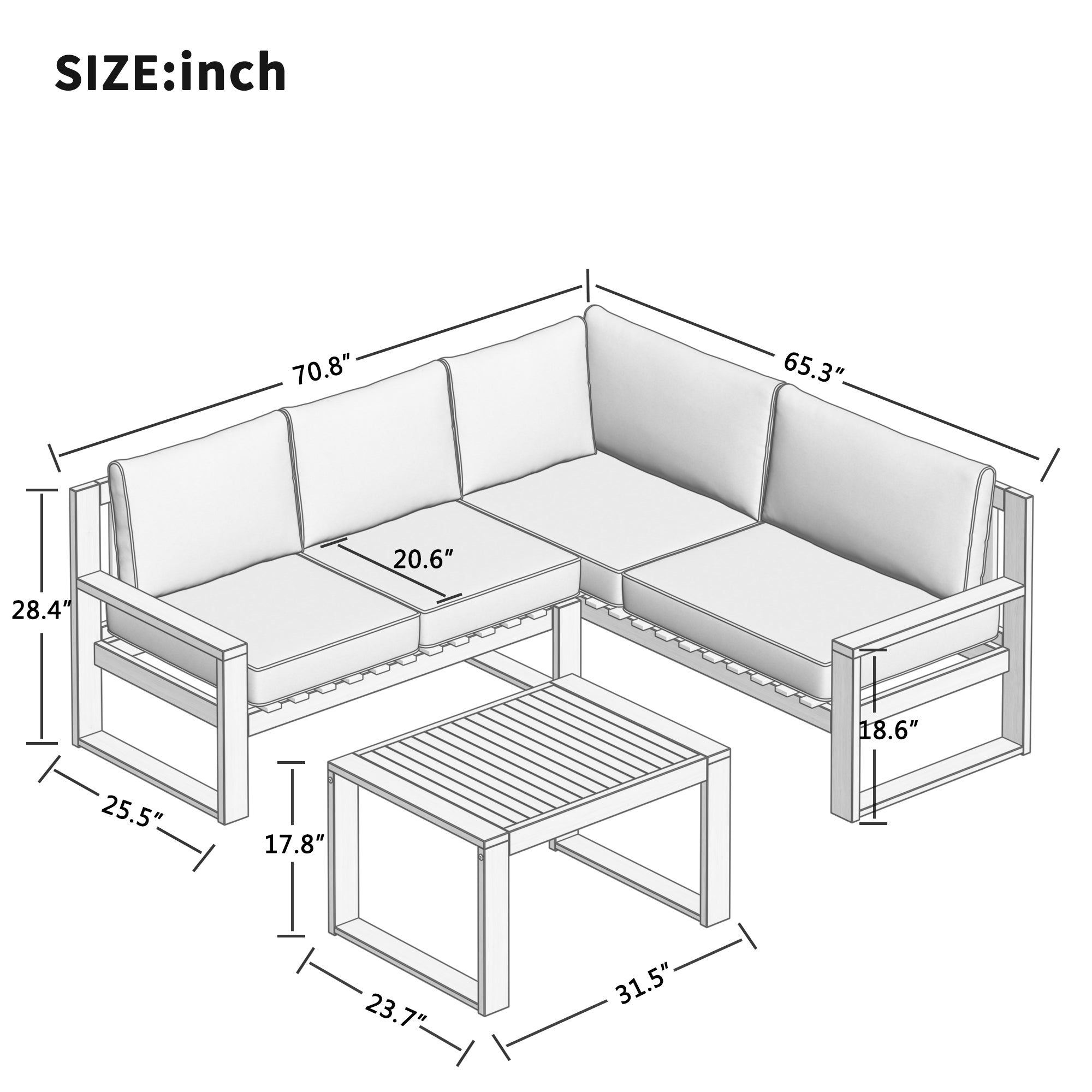 3 Piece Outdoors Pine Symmetrical Patio Sectional and Grey Cushions