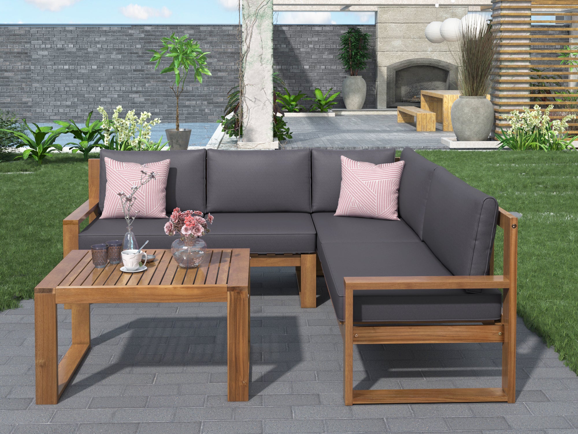 3 Piece Outdoors Pine Symmetrical Patio Sectional and Grey Cushions
