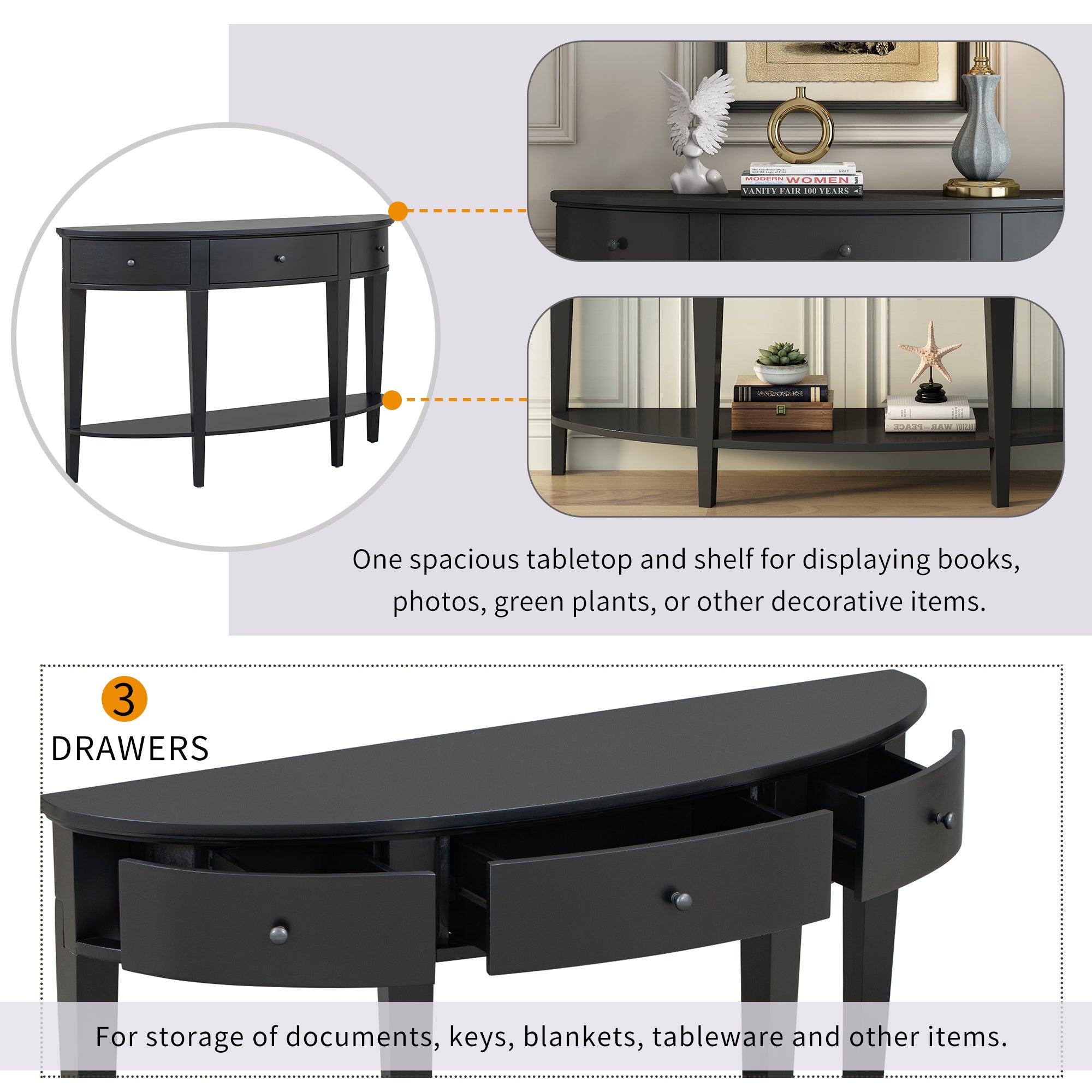 51 Inch Solid Wood and MDF Console Table with 3 Drawers and 1 Shelf