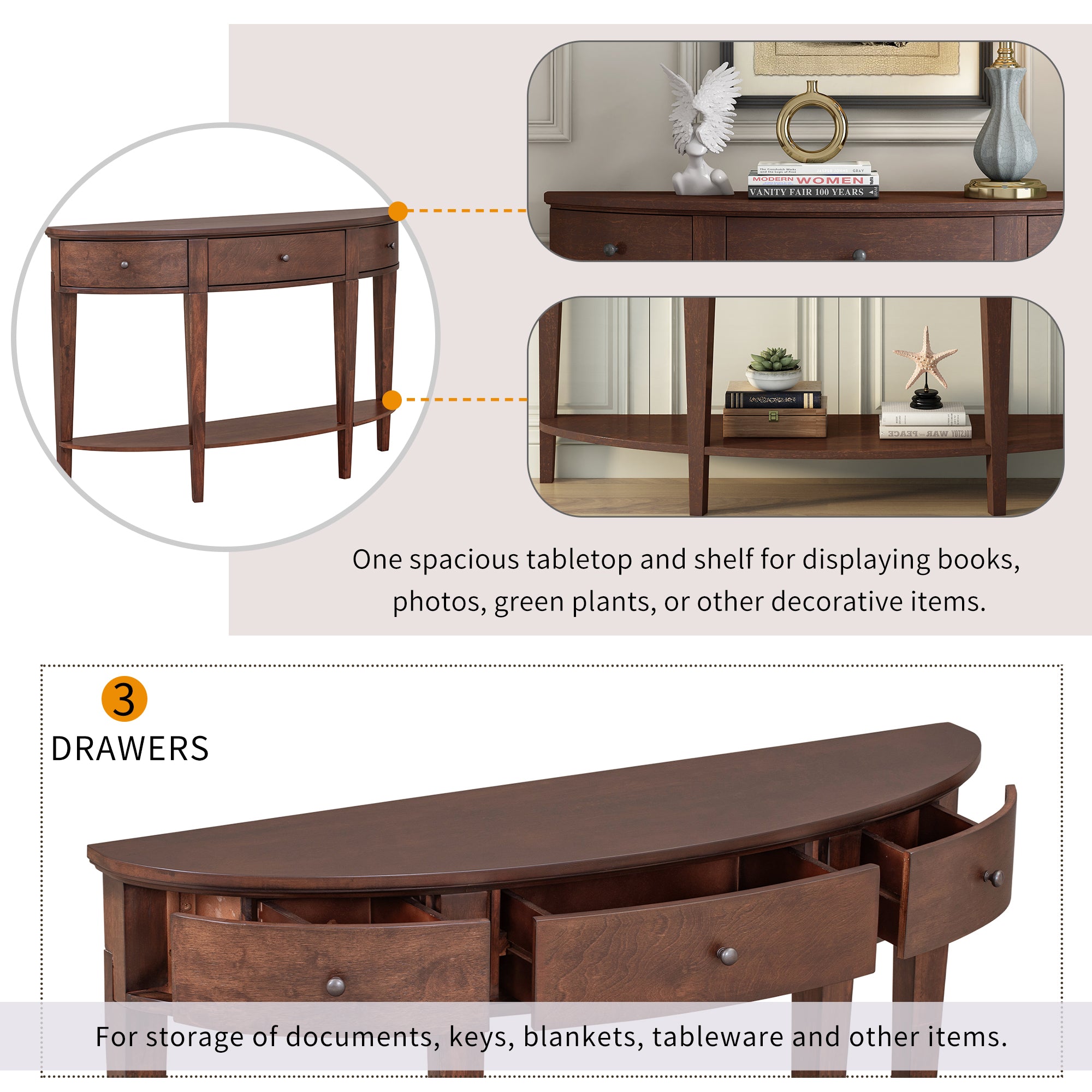 51 Inch Solid Wood and MDF Console Table with 3 Drawers and 1 Shelf
