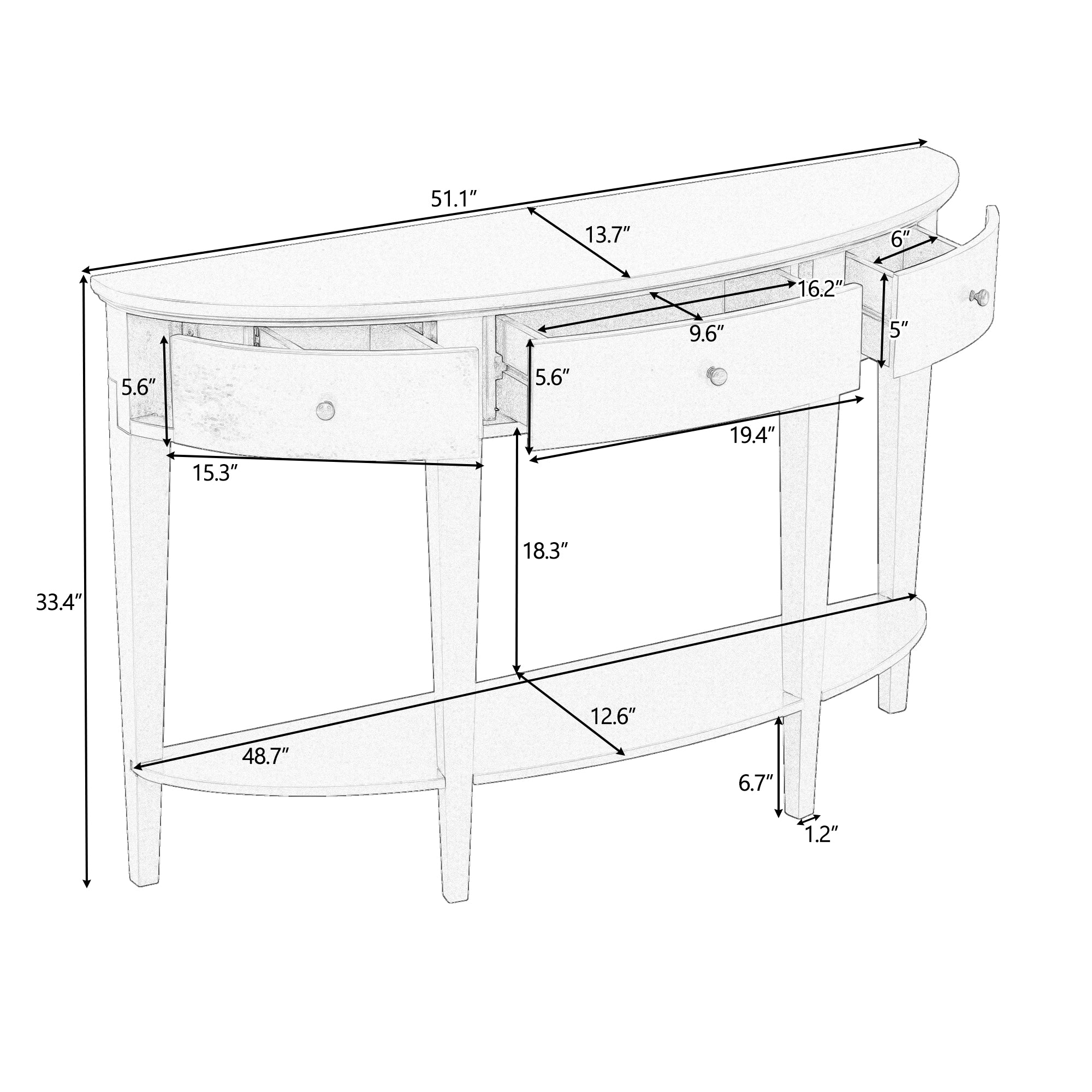 51 Inch Solid Wood and MDF Console Table with 3 Drawers and 1 Shelf