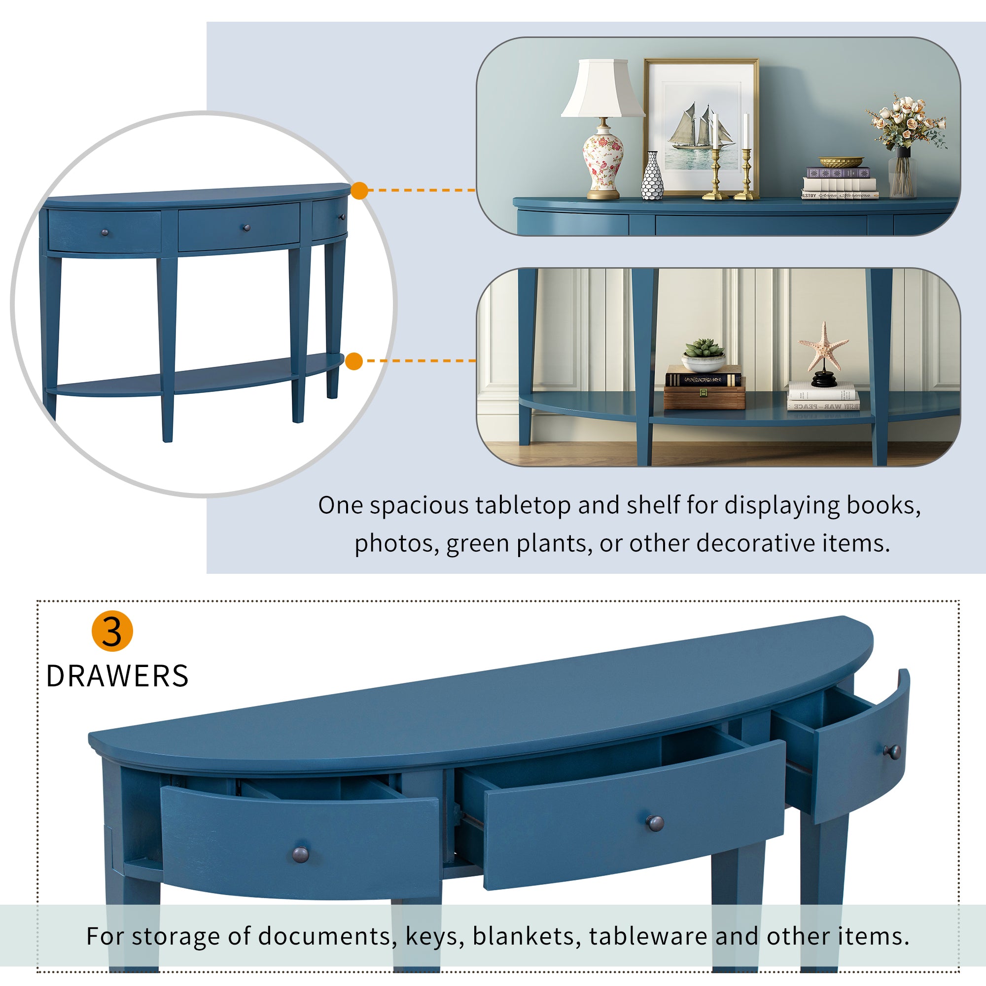 51 Inch Solid Wood and MDF Console Table with 3 Drawers and 1 Shelf