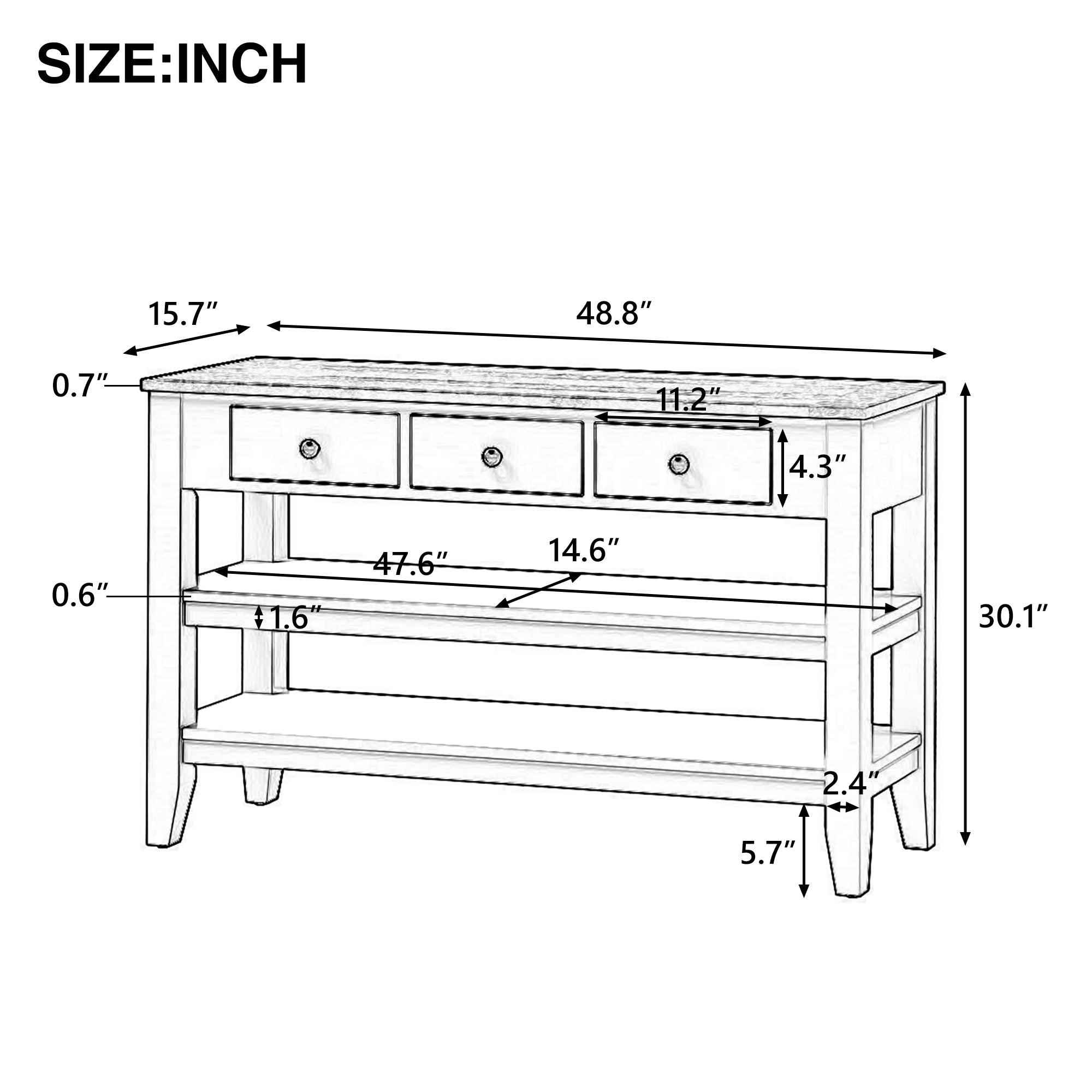 49 Inch Solid Wood and MDF Console Table with 3 Drawers and 2 Shelves