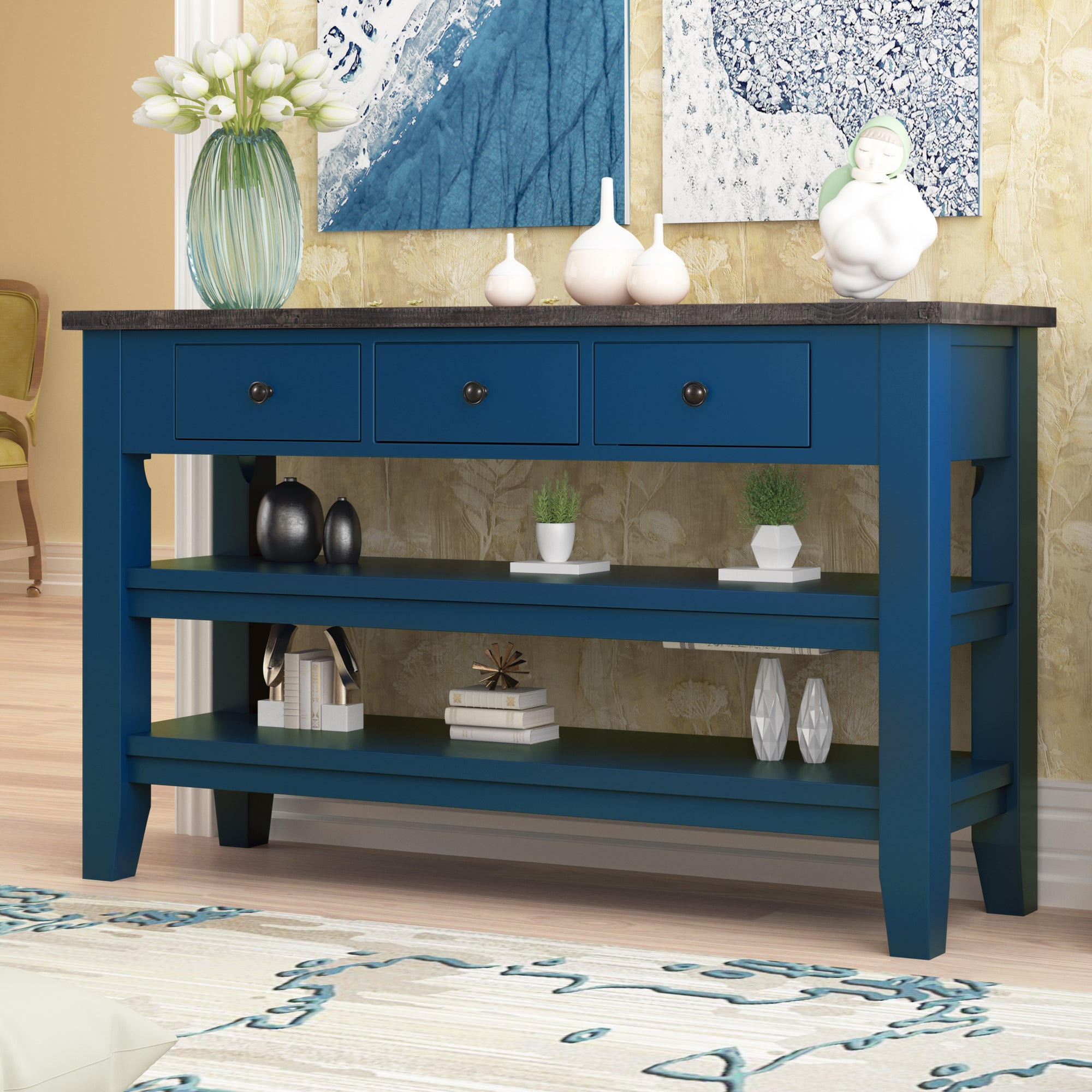 49 Inch Solid Wood and MDF Console Table with 3 Drawers and 2 Shelves