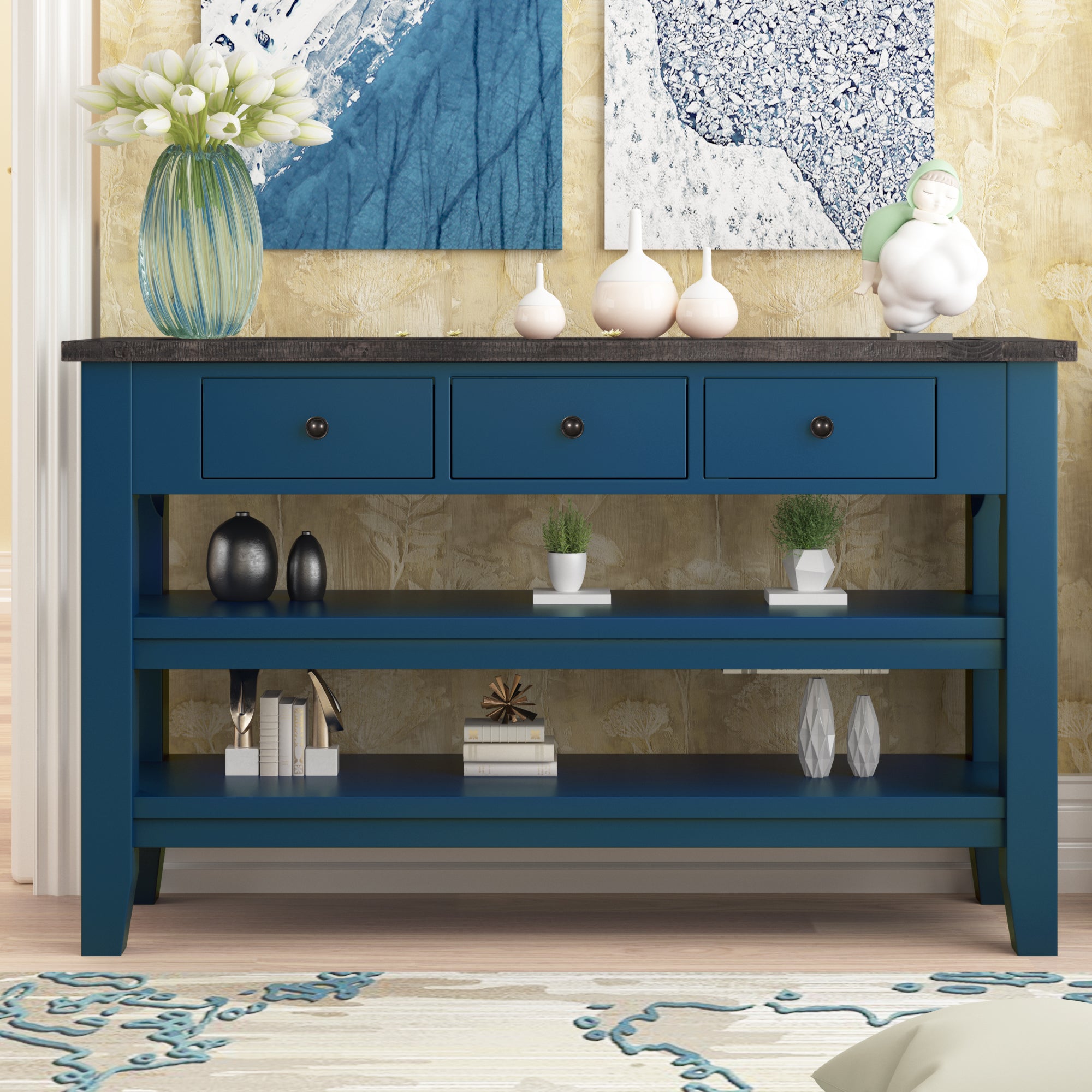 49 Inch Solid Wood and MDF Console Table with 3 Drawers and 2 Shelves