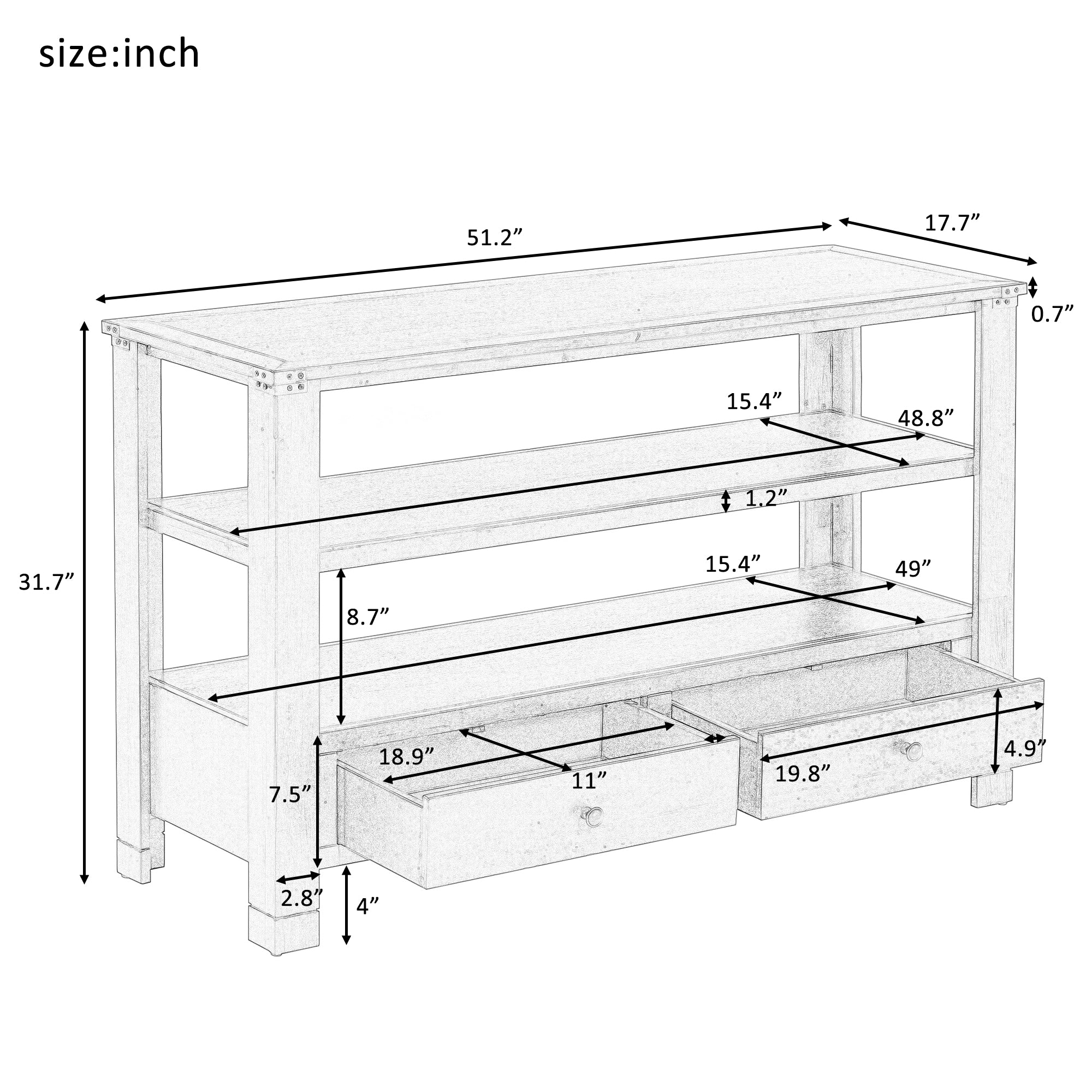 51 Inch MDF and ACACIA Console Table with 2 Drawers and 2 Shelves