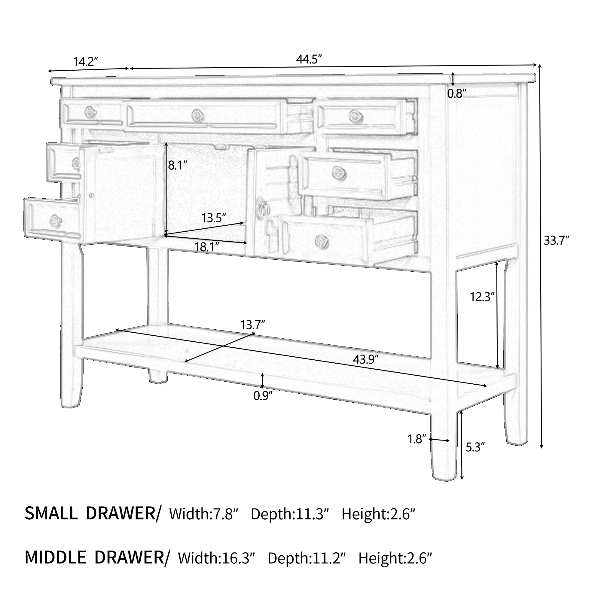 45 Inch MDF Console Table with 7 Drawers