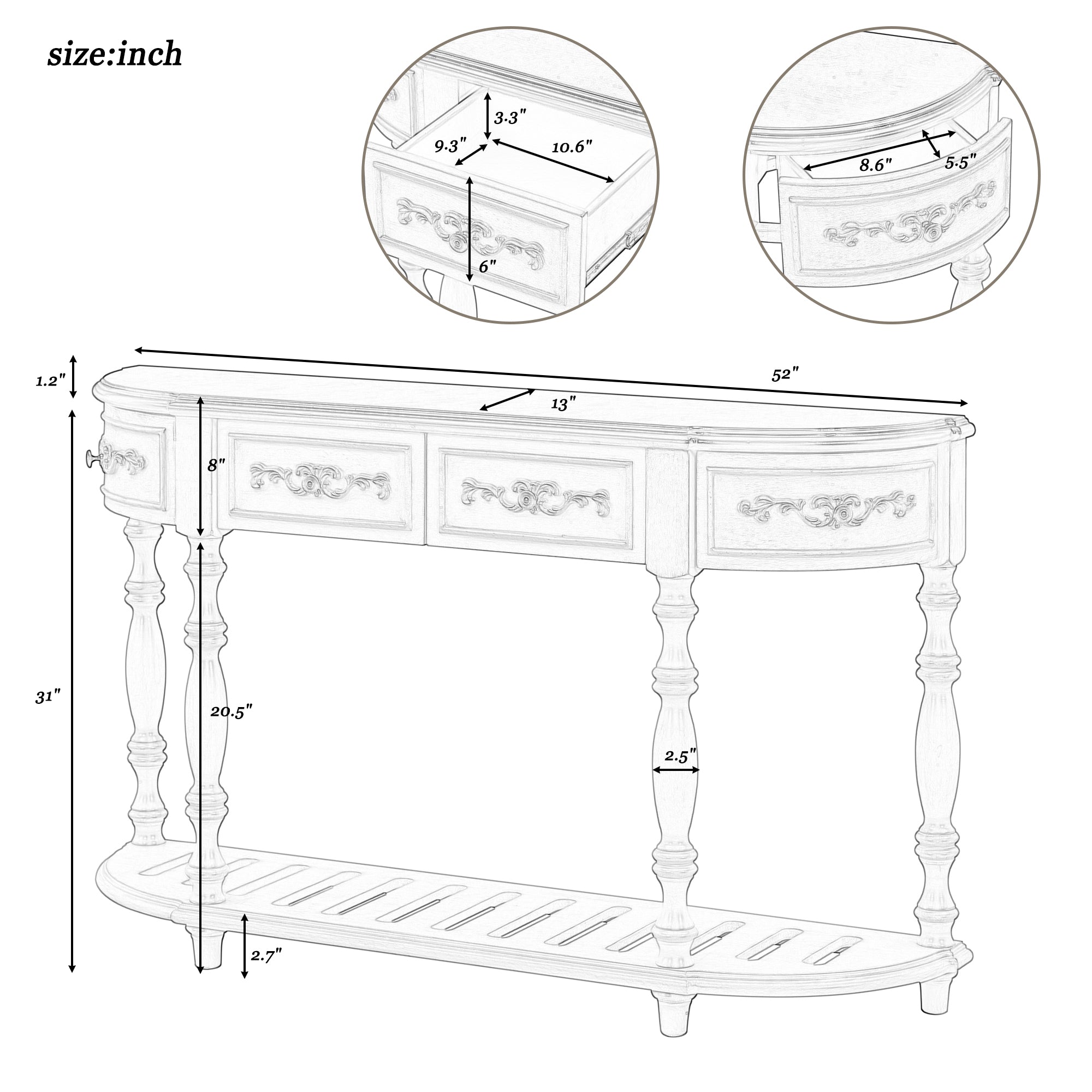 52 Inch MDF Modern and Contemporary Curved Console Table