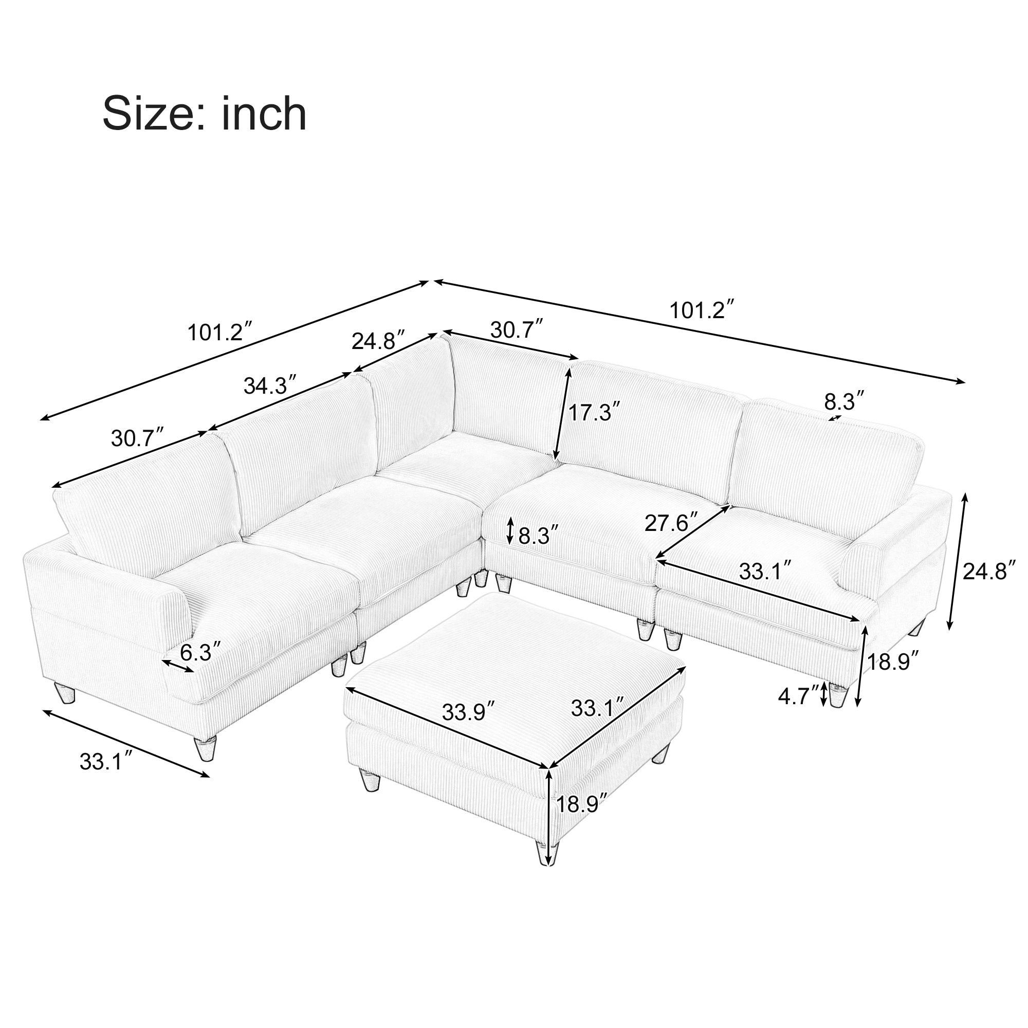 101.2 " Polyester Square Arm Sectional Sofa with Ottoman