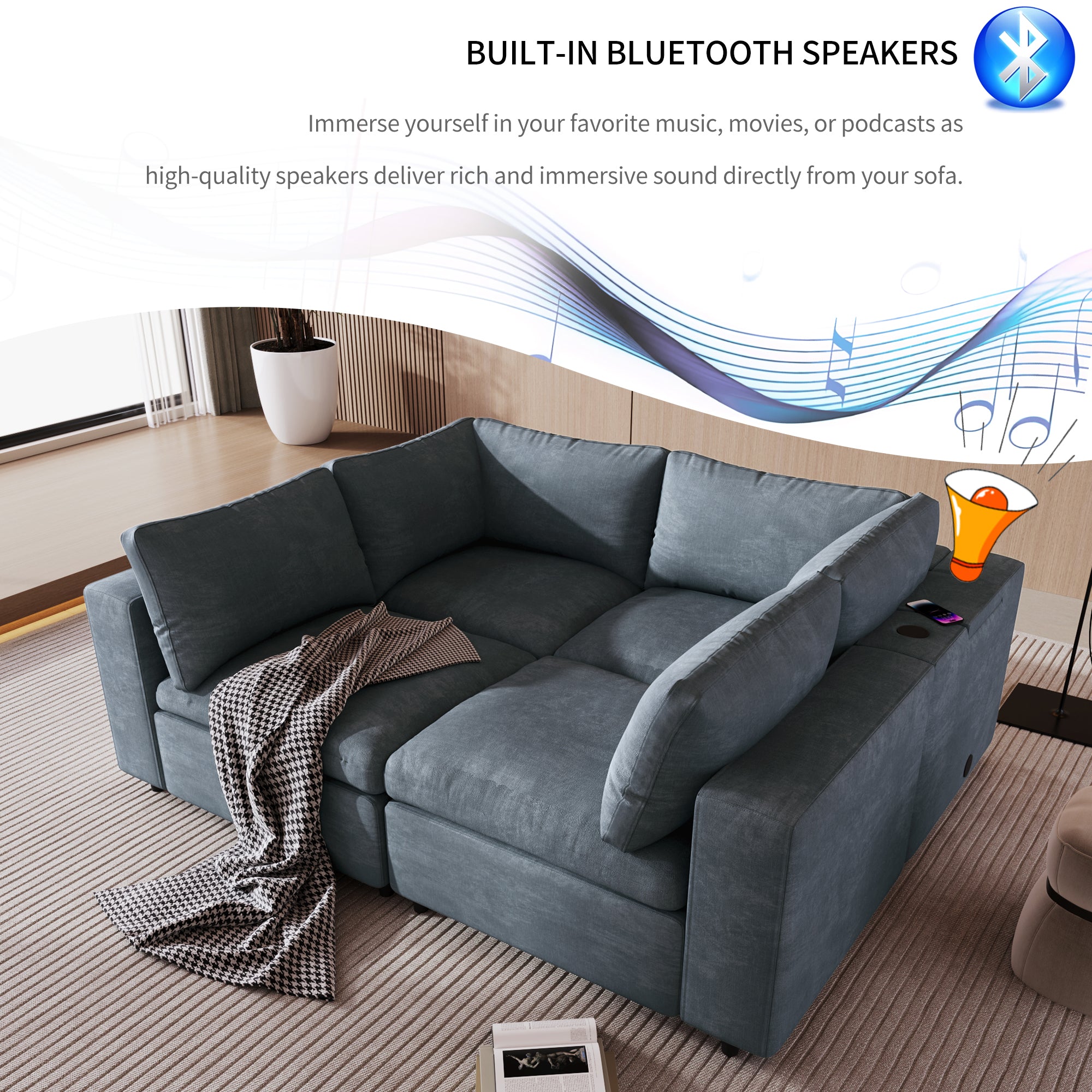 105.9" Polyester Pillow top Arm Sectional sofa with USB Charge Ports,Wireless Charging and Built-in Bluetooth Speaker in Arm