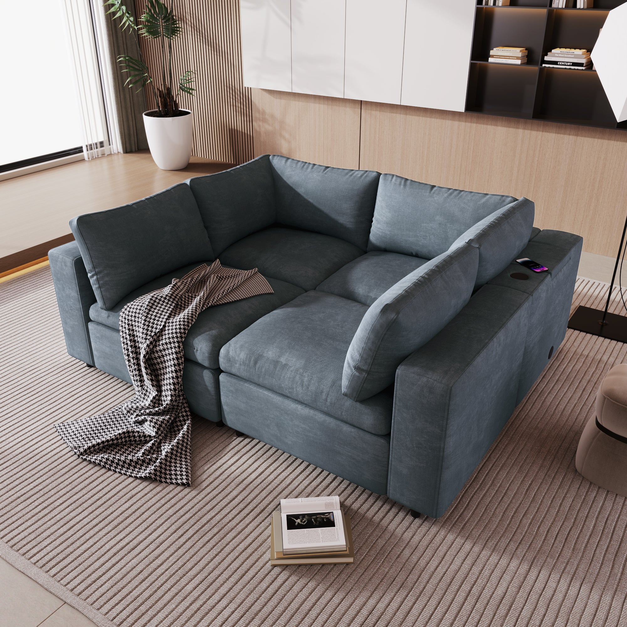 105.9" Polyester Pillow top Arm Sectional sofa with USB Charge Ports,Wireless Charging and Built-in Bluetooth Speaker in Arm