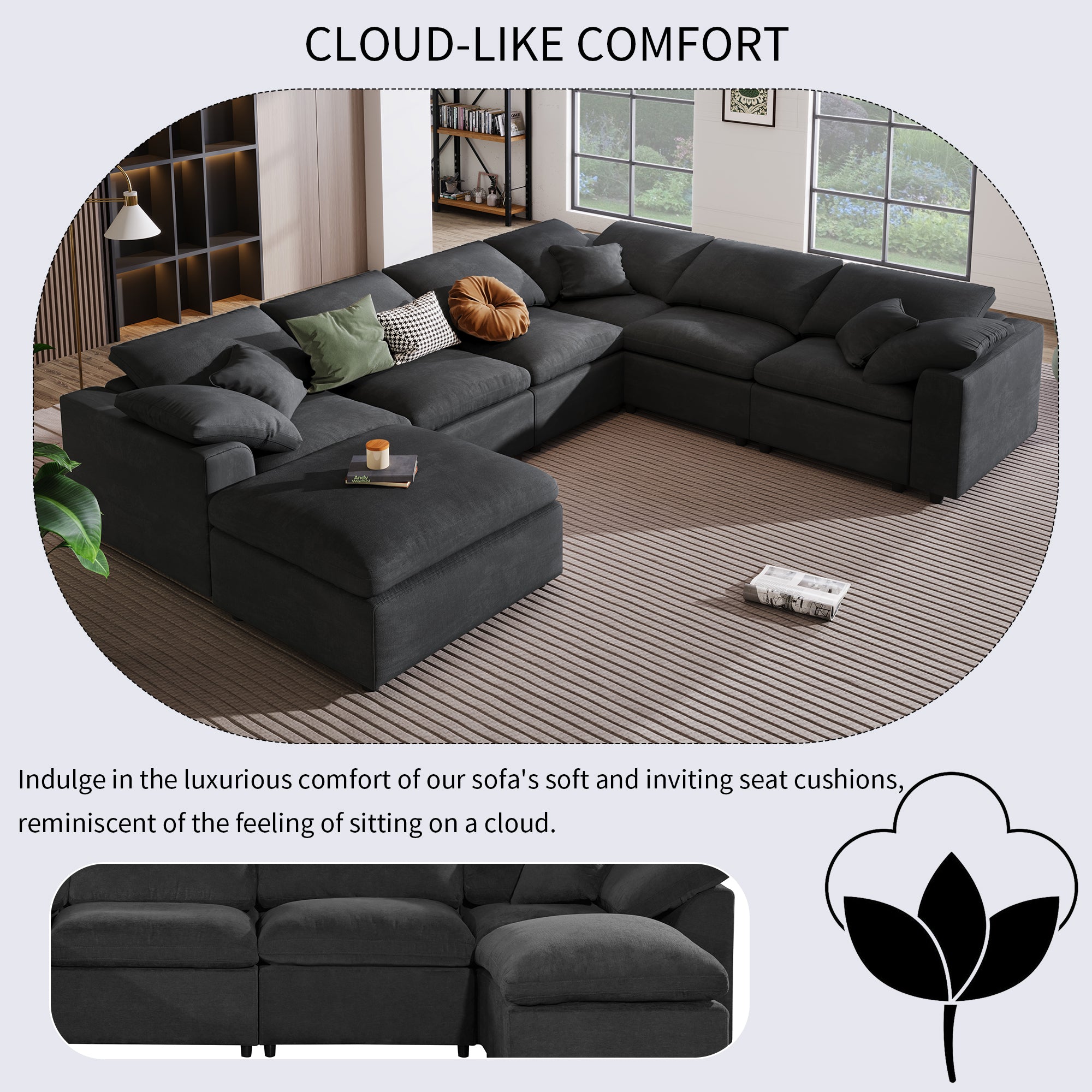 130.3" Polyester Pillow top Arm  Oversized Modular Sectional Sofa