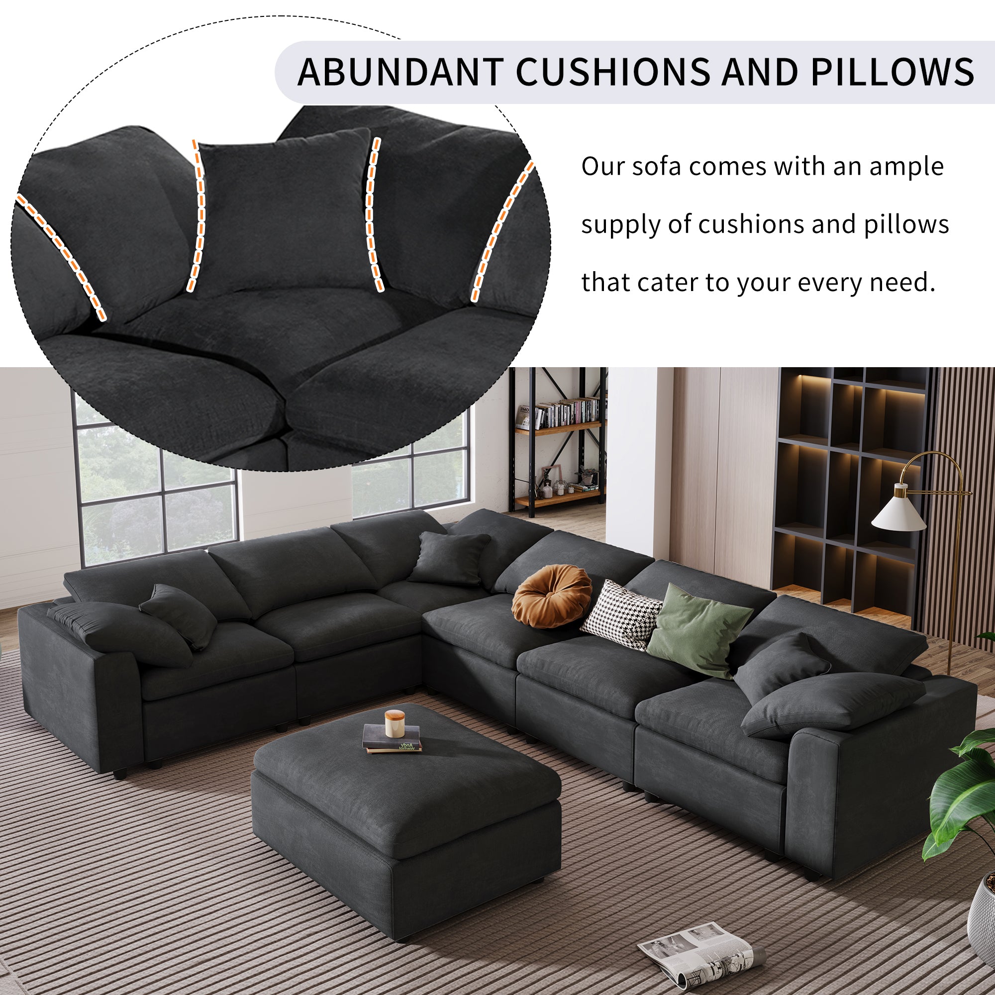 130.3" Polyester Pillow top Arm  Oversized Modular Sectional Sofa