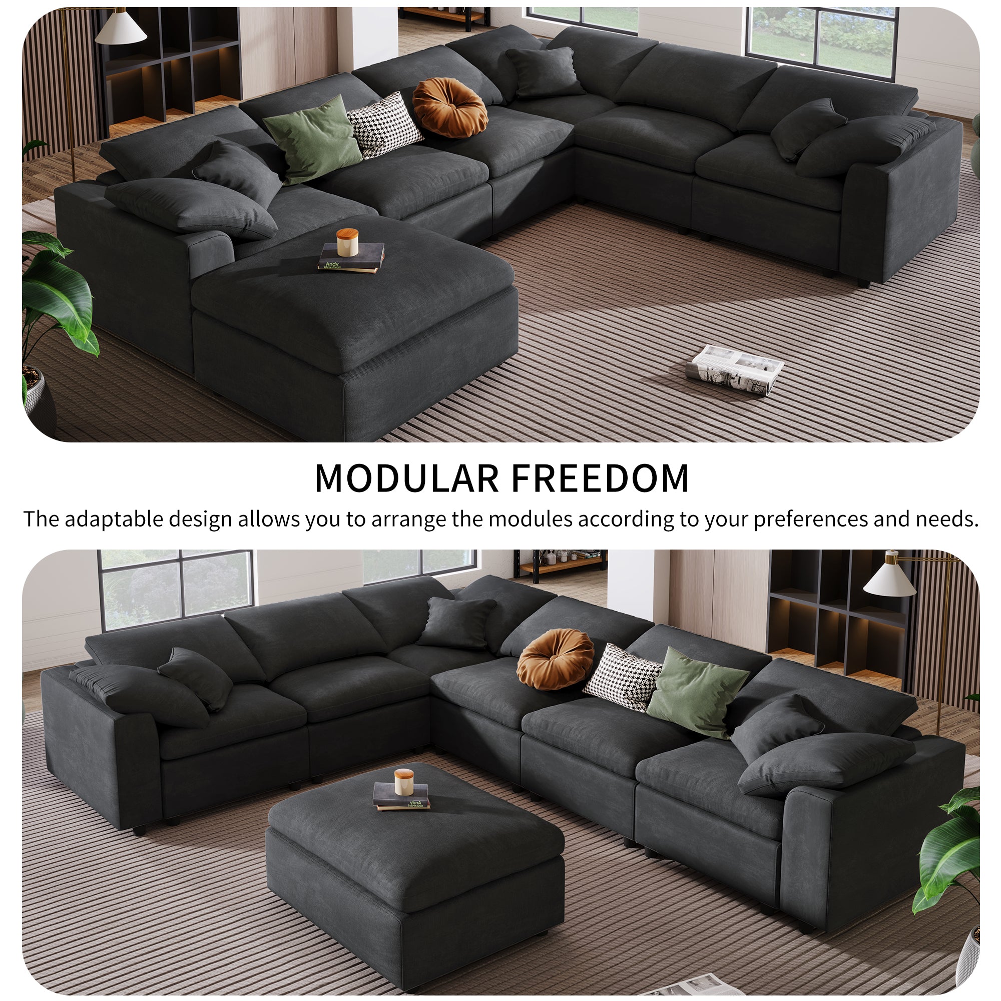 130.3" Polyester Pillow top Arm  Oversized Modular Sectional Sofa