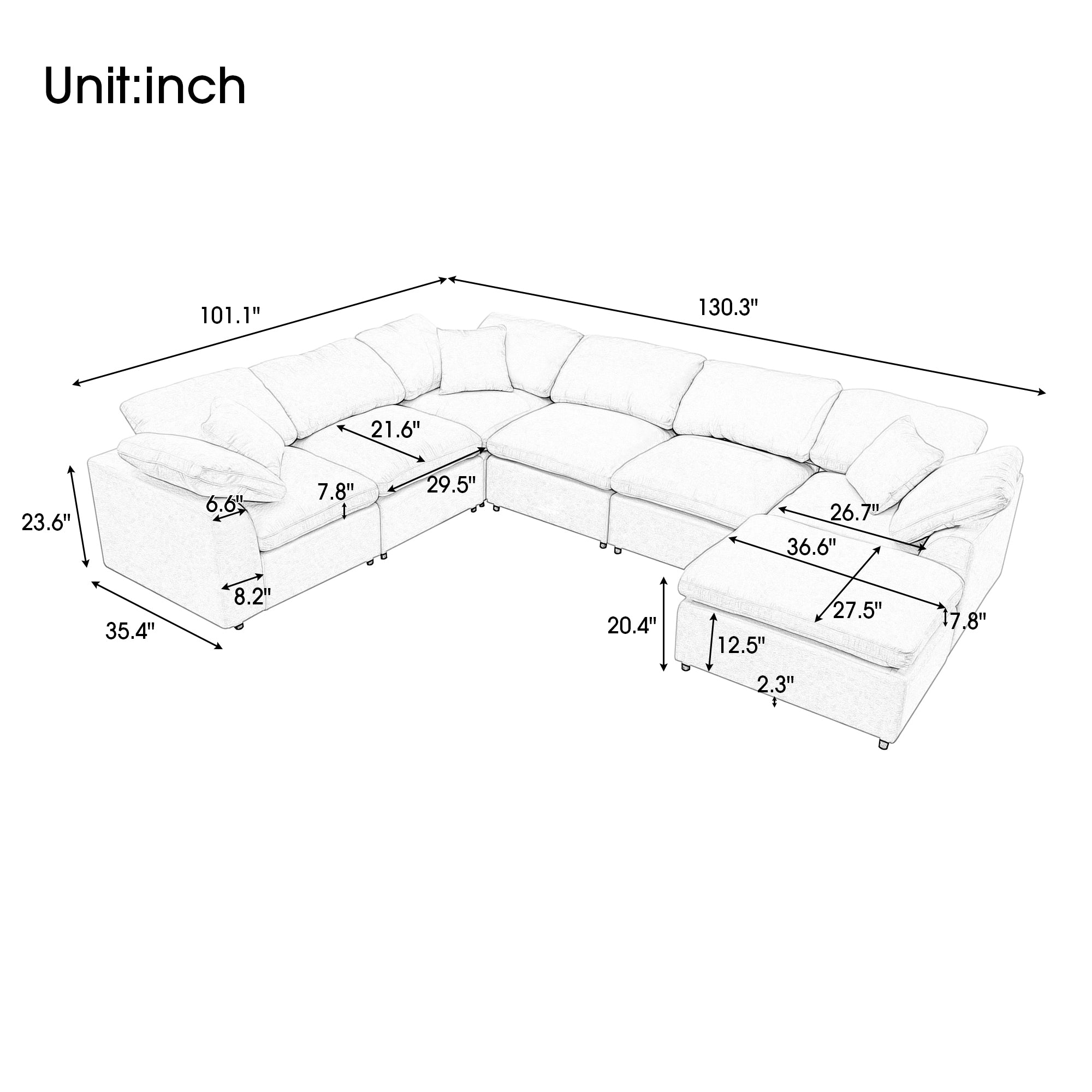 130.3" Polyester Pillow top Arm  Oversized Modular Sectional Sofa