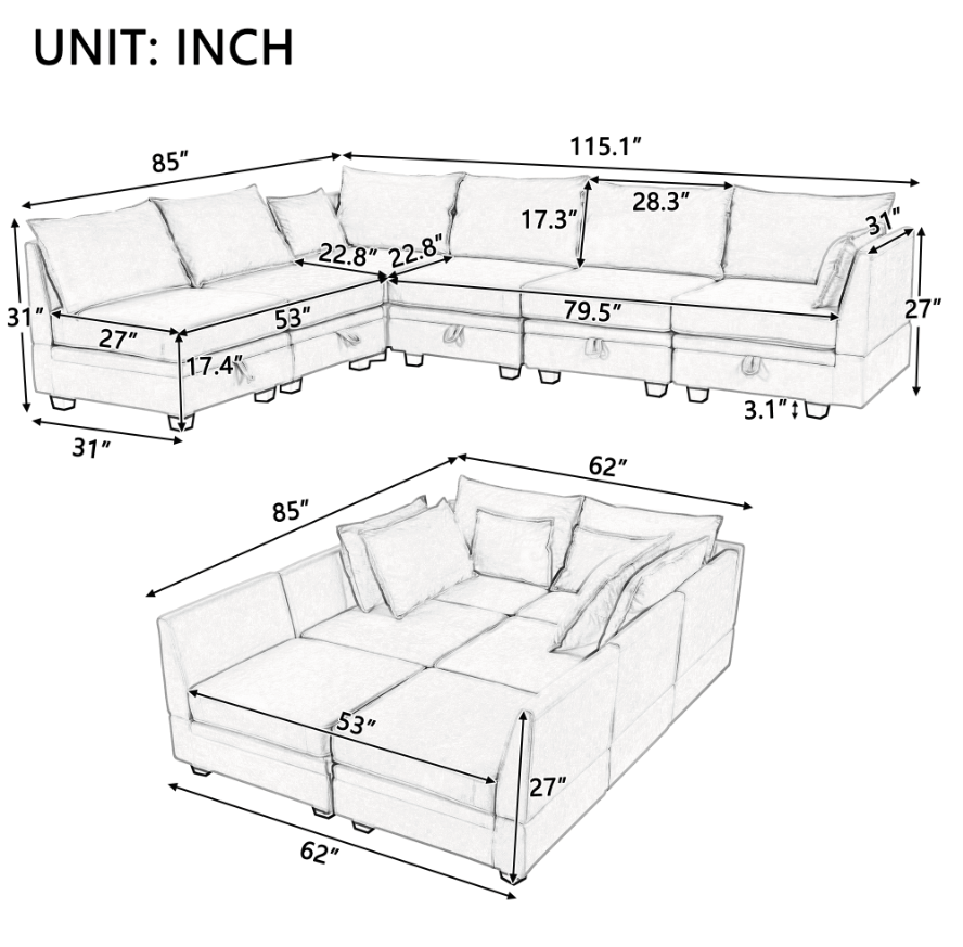 115" Linen Flared Arm Sofa Chaise and Pillows