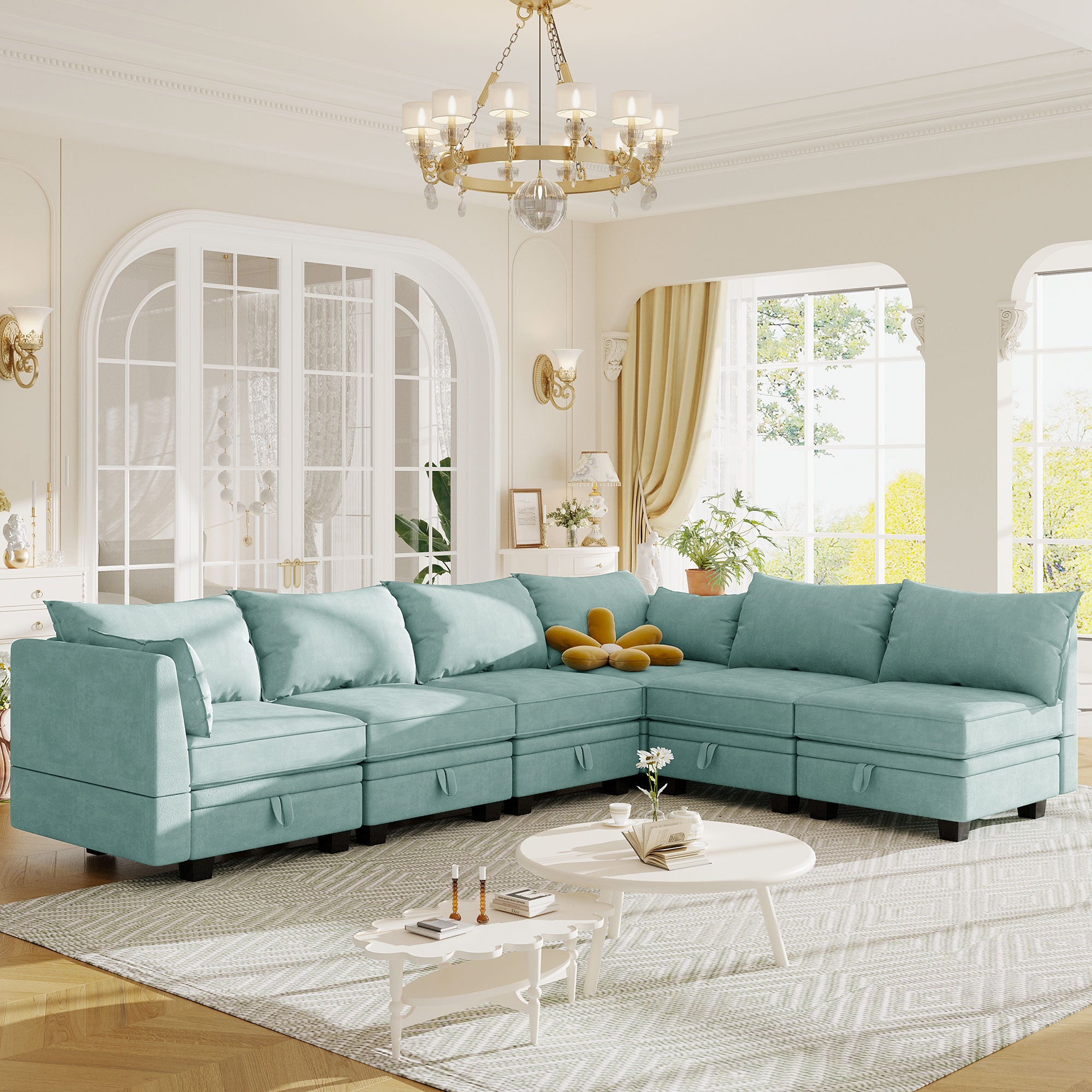 115" Linen Flared Arm Sofa Chaise and Pillows