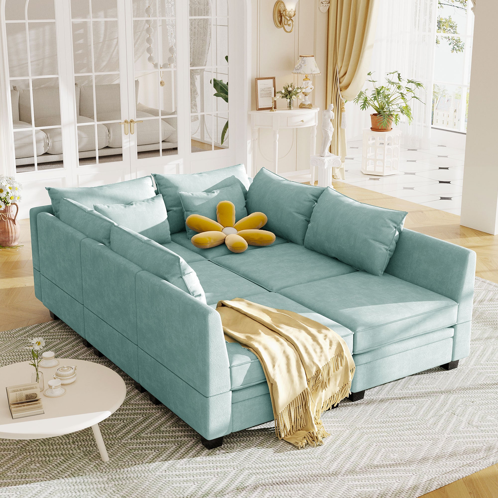 115" Linen Flared Arm Sofa Chaise and Pillows