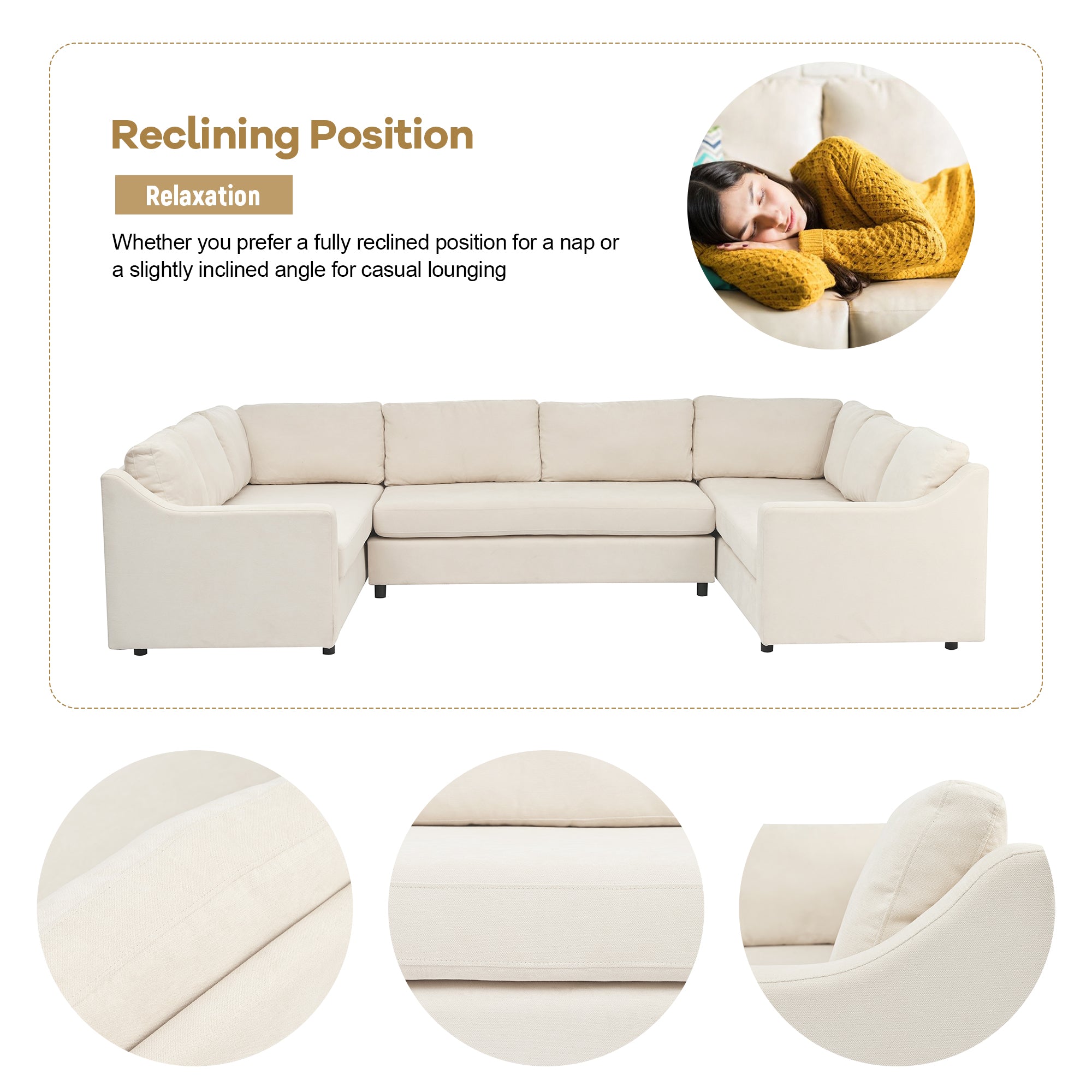 117" Polyester Recessed Arm Upholstered U-Shaped Large Sectional Sofa with Thick Seat and Back Cushions