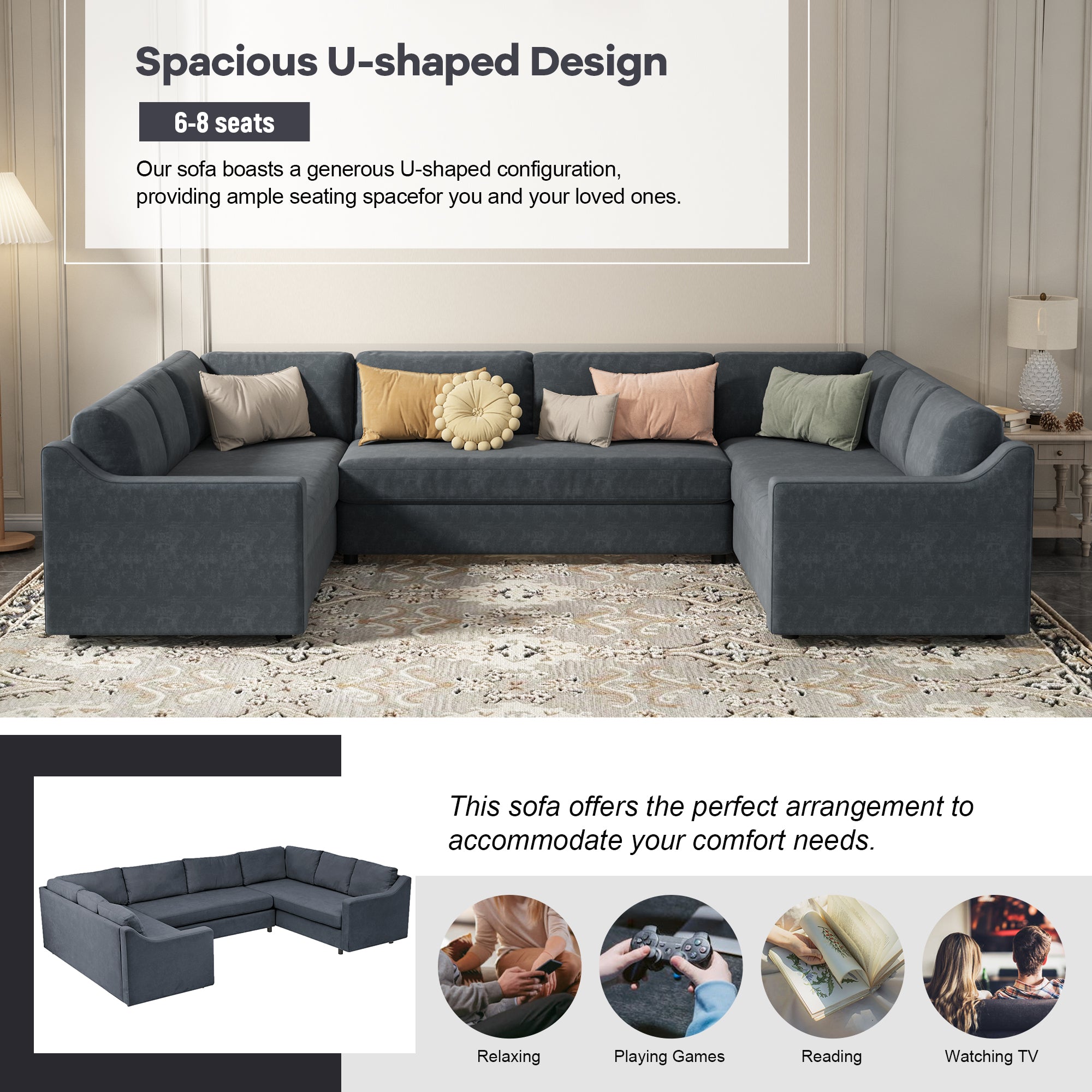 117" Polyester Recessed Arm Upholstered U-Shaped Large Sectional Sofa with Thick Seat and Back Cushions