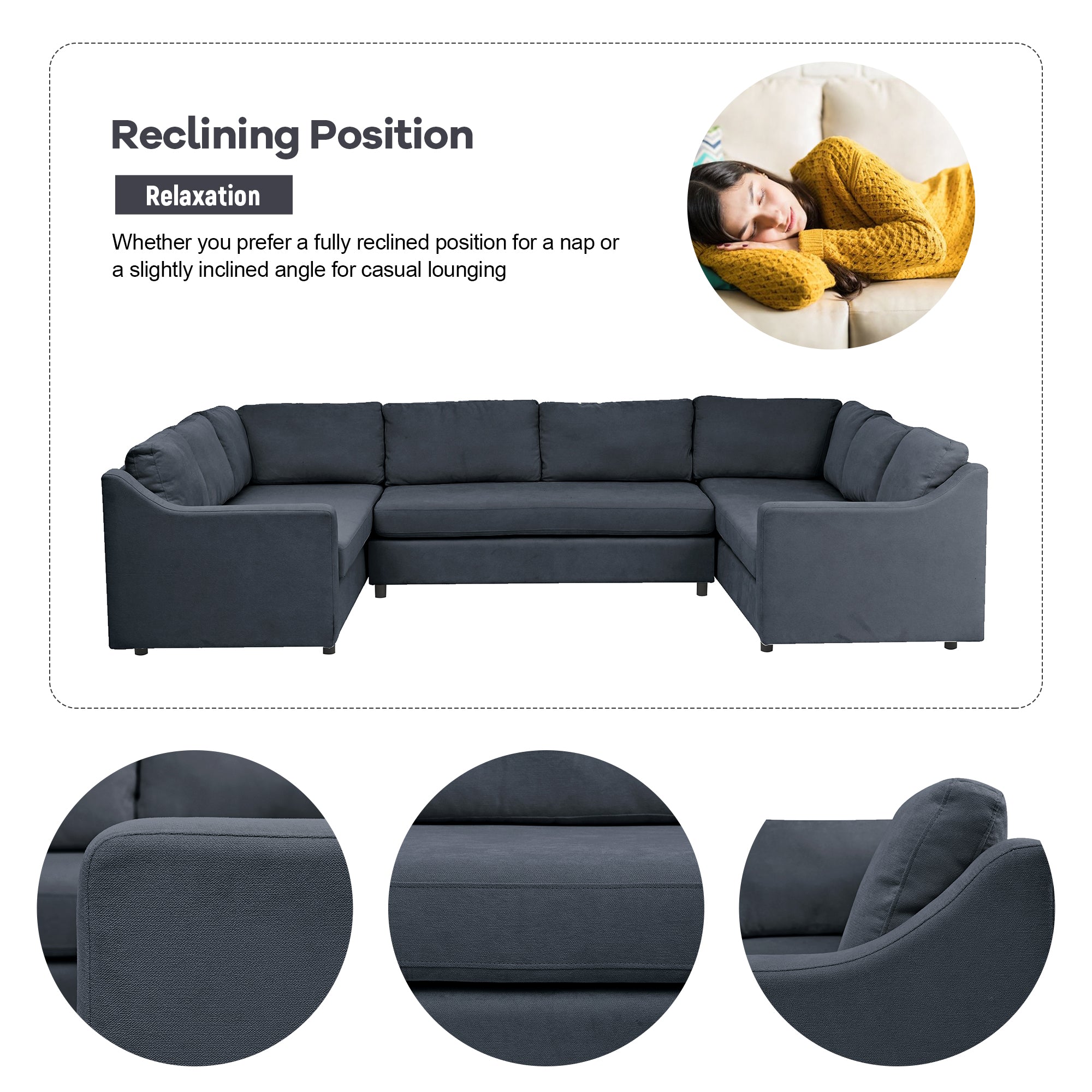 117" Polyester Recessed Arm Upholstered U-Shaped Large Sectional Sofa with Thick Seat and Back Cushions