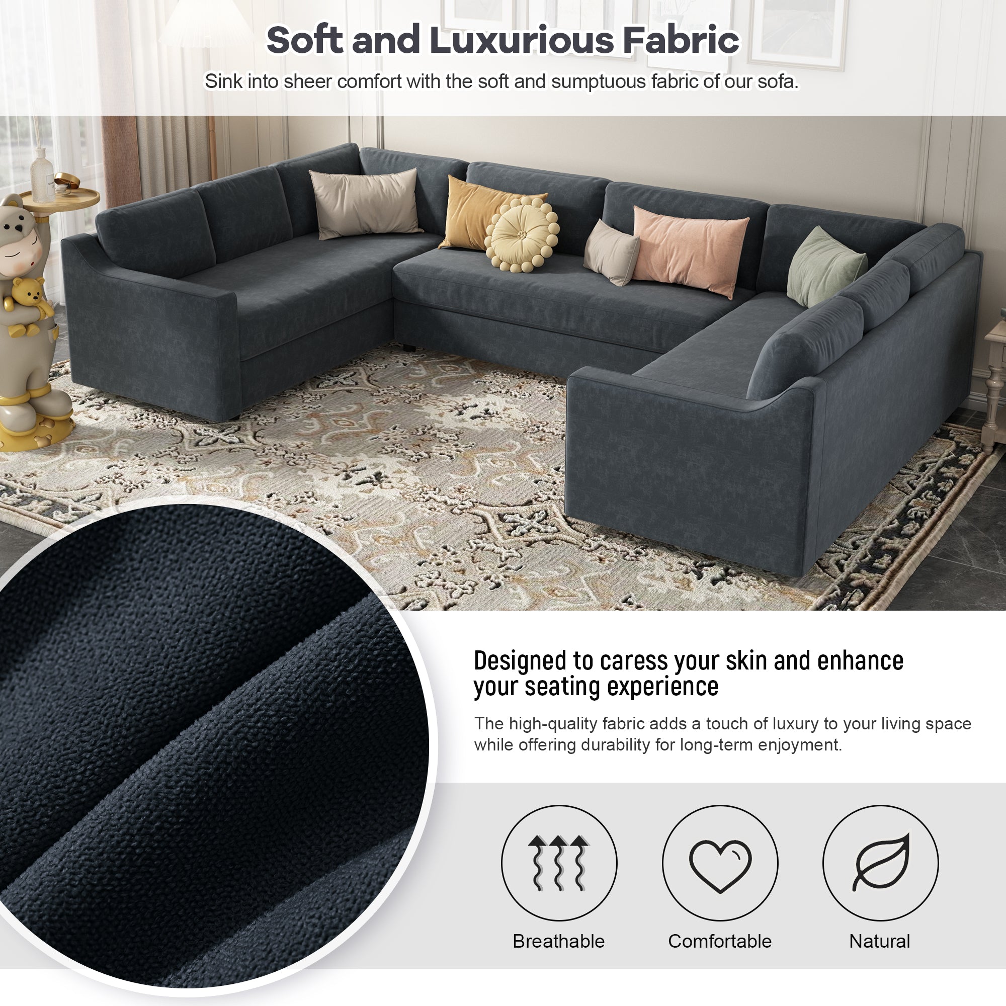 117" Polyester Recessed Arm Upholstered U-Shaped Large Sectional Sofa with Thick Seat and Back Cushions