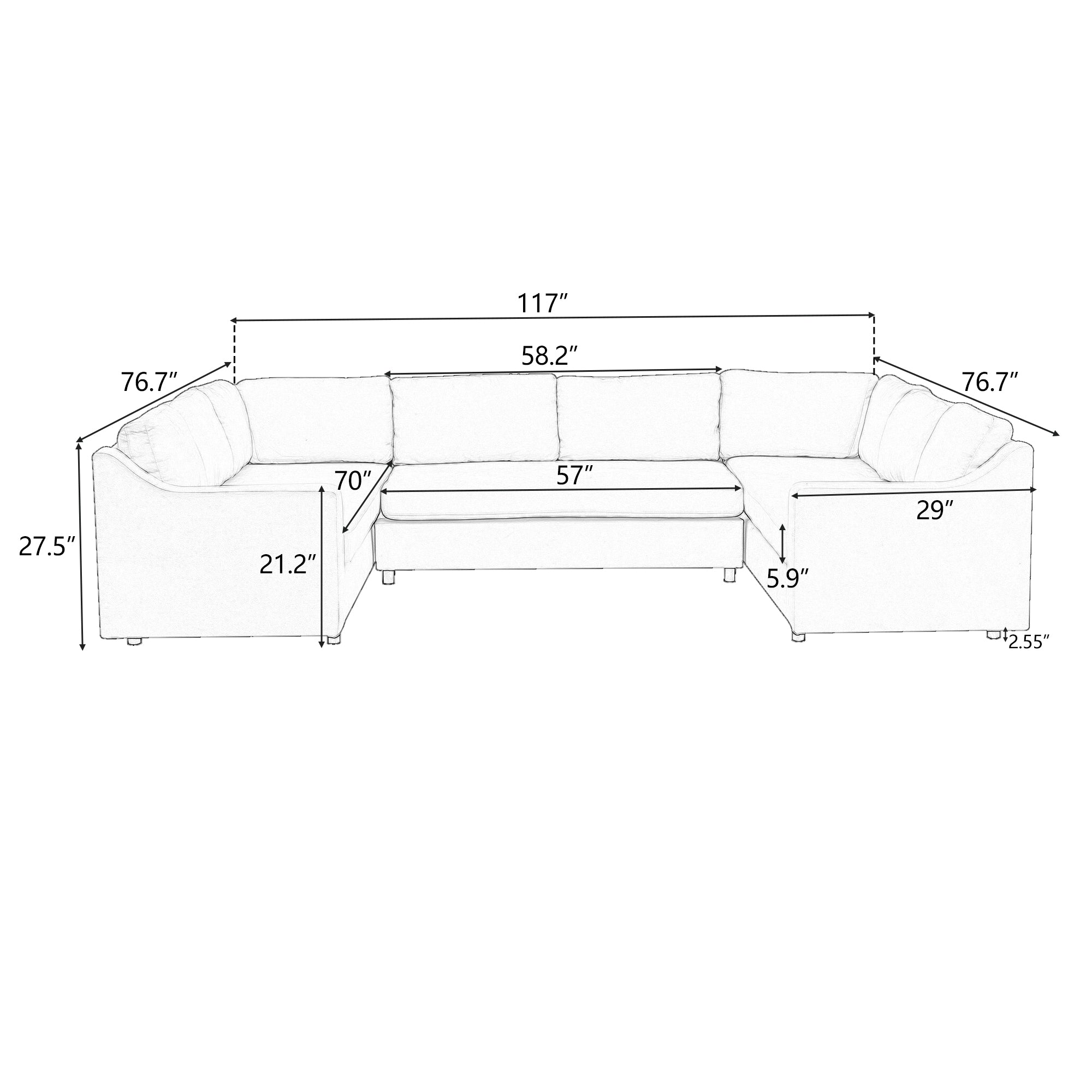 117" Polyester Recessed Arm Upholstered U-Shaped Large Sectional Sofa with Thick Seat and Back Cushions