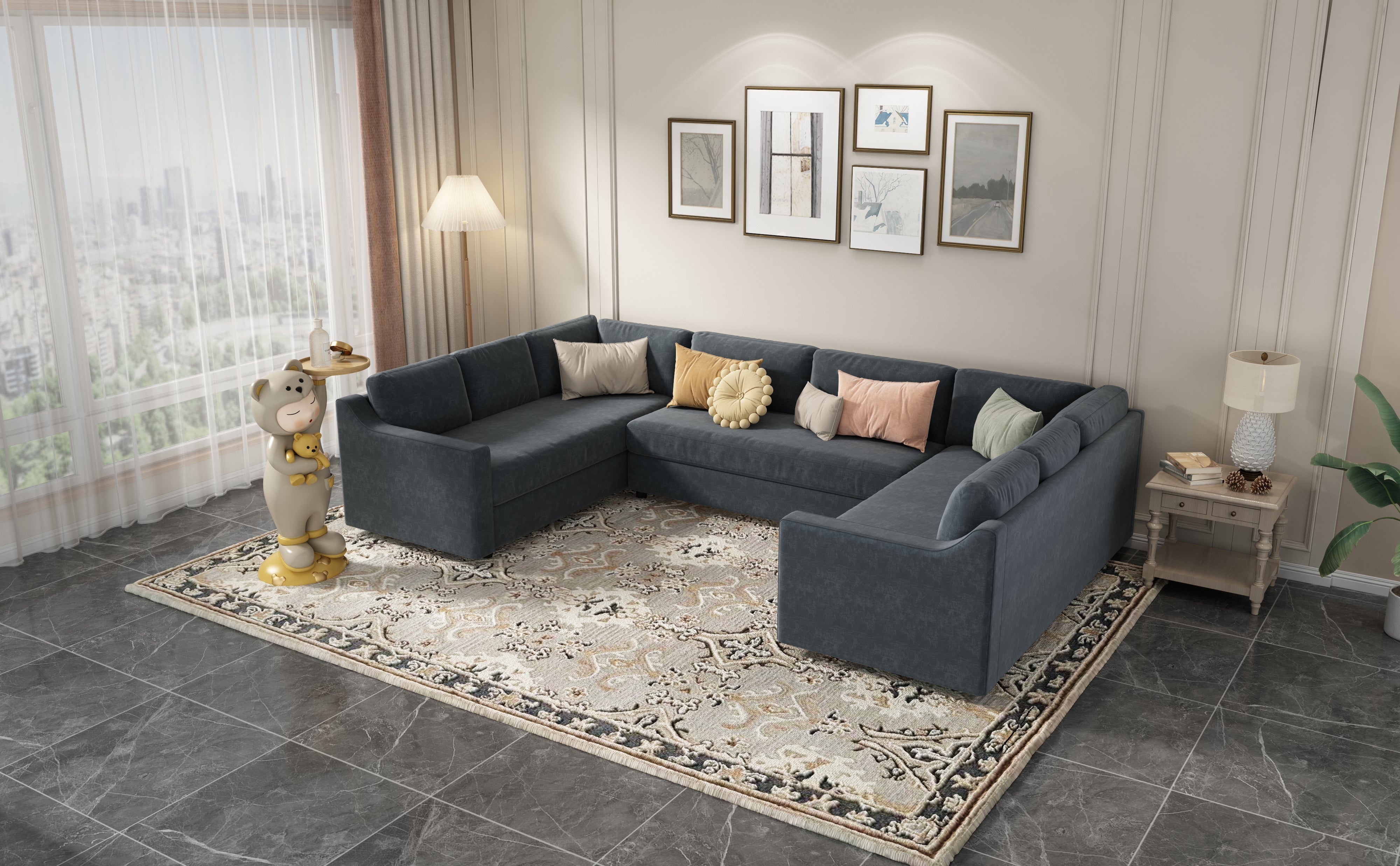 117" Polyester Recessed Arm Upholstered U-Shaped Large Sectional Sofa with Thick Seat and Back Cushions