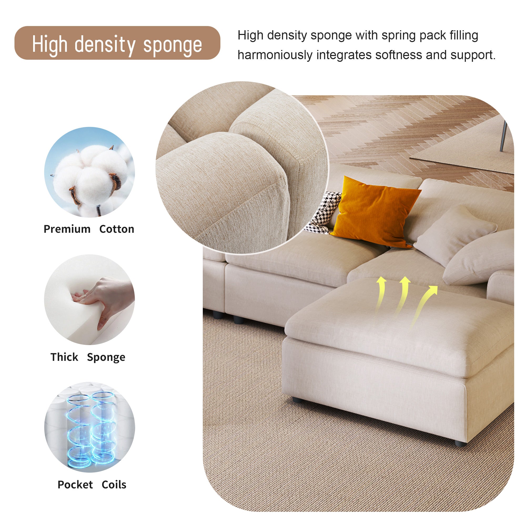 129.3" Polyester Pillow top Arm Oversized Modular Sectional Sofa