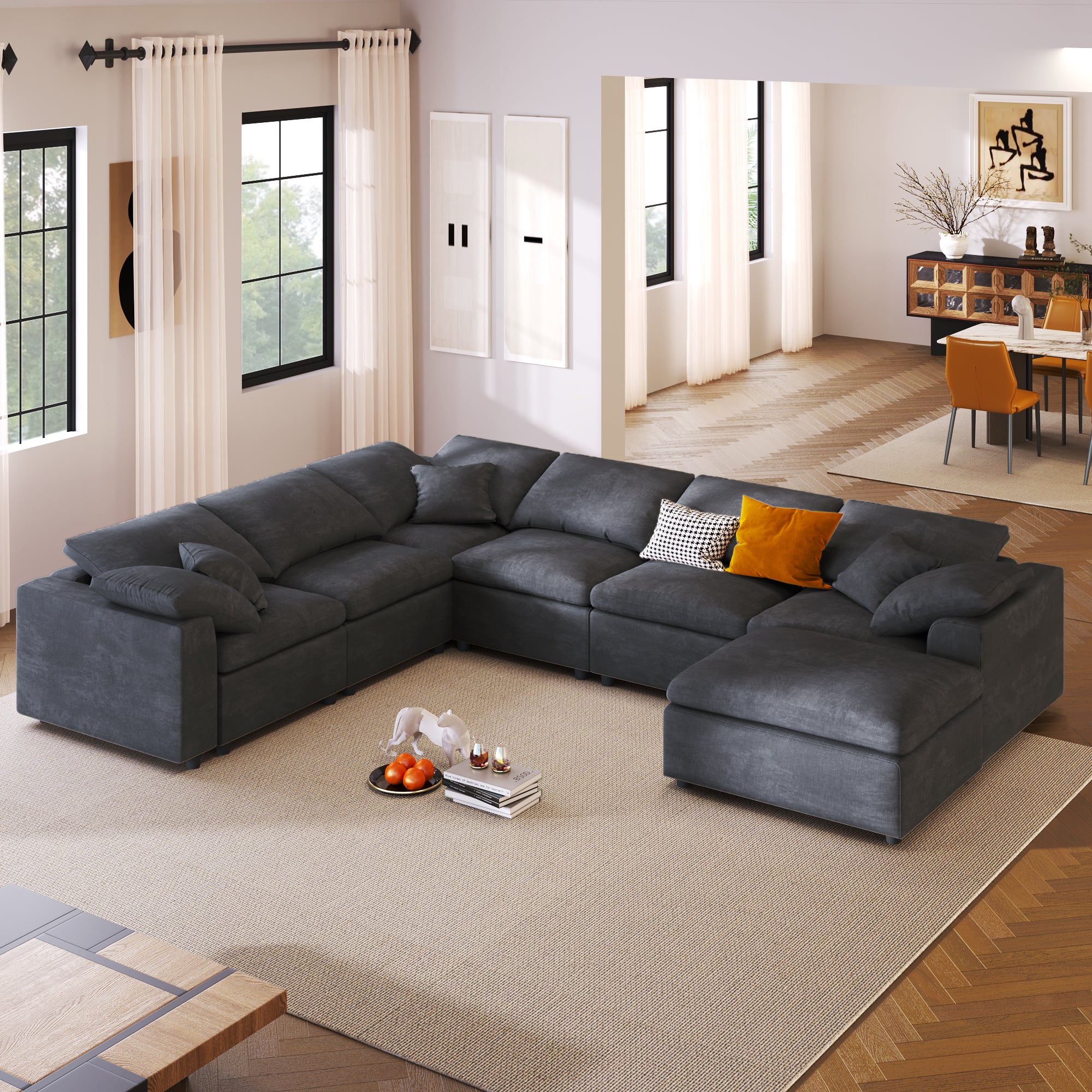 129.3" Polyester Pillow top Arm Oversized Modular Sectional Sofa