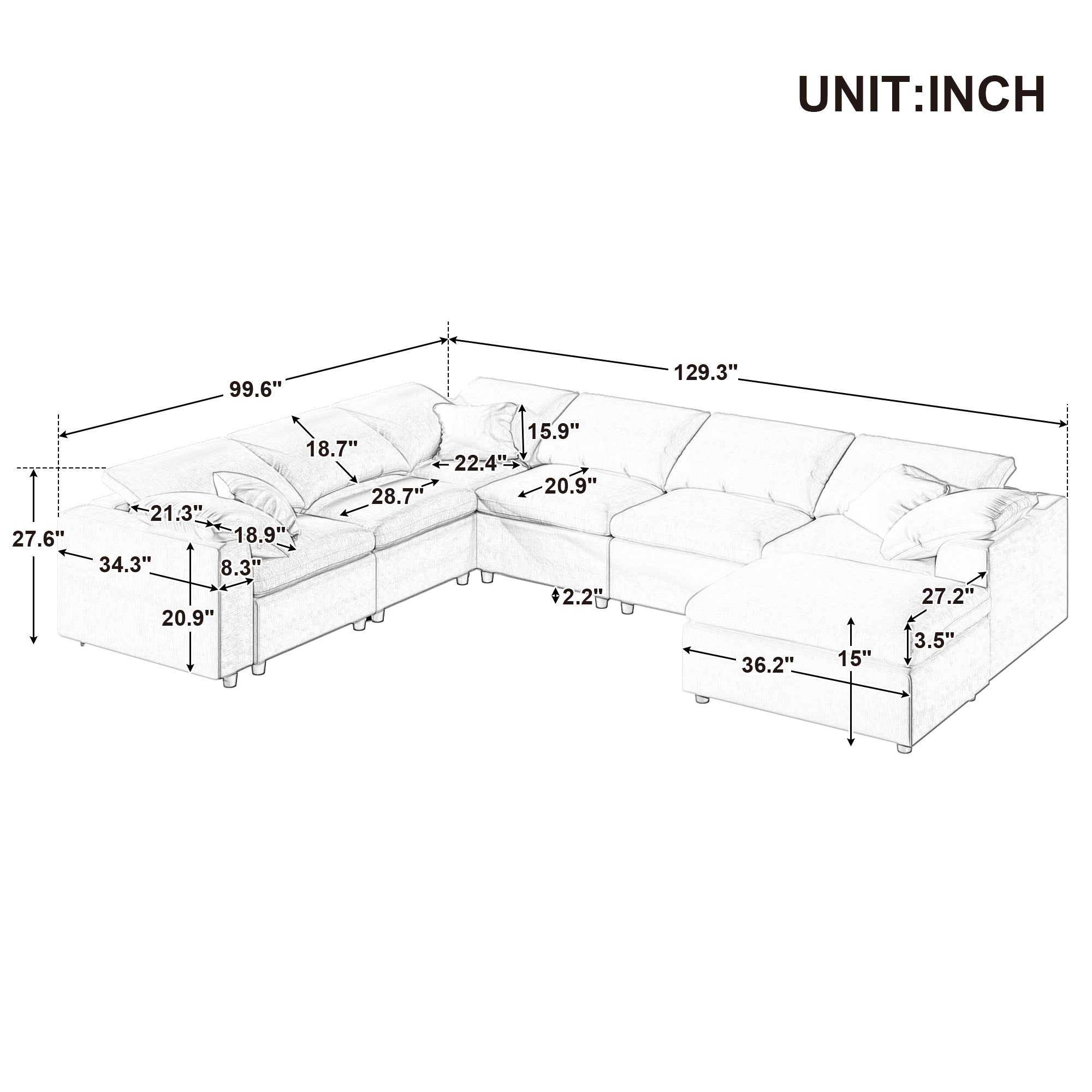 129.3" Polyester Pillow top Arm Oversized Modular Sectional Sofa