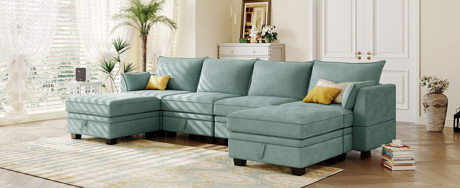 115" Linen Flared Arm Sectional Sofa with Storage Seat