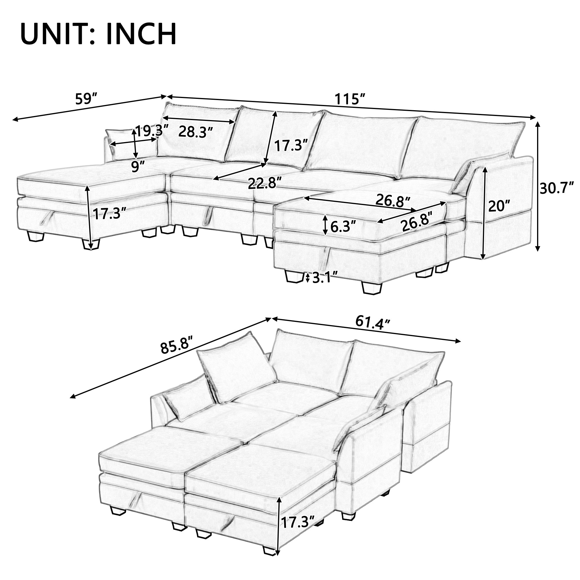 115" Linen Flared Arm Sectional Sofa with Storage Seat