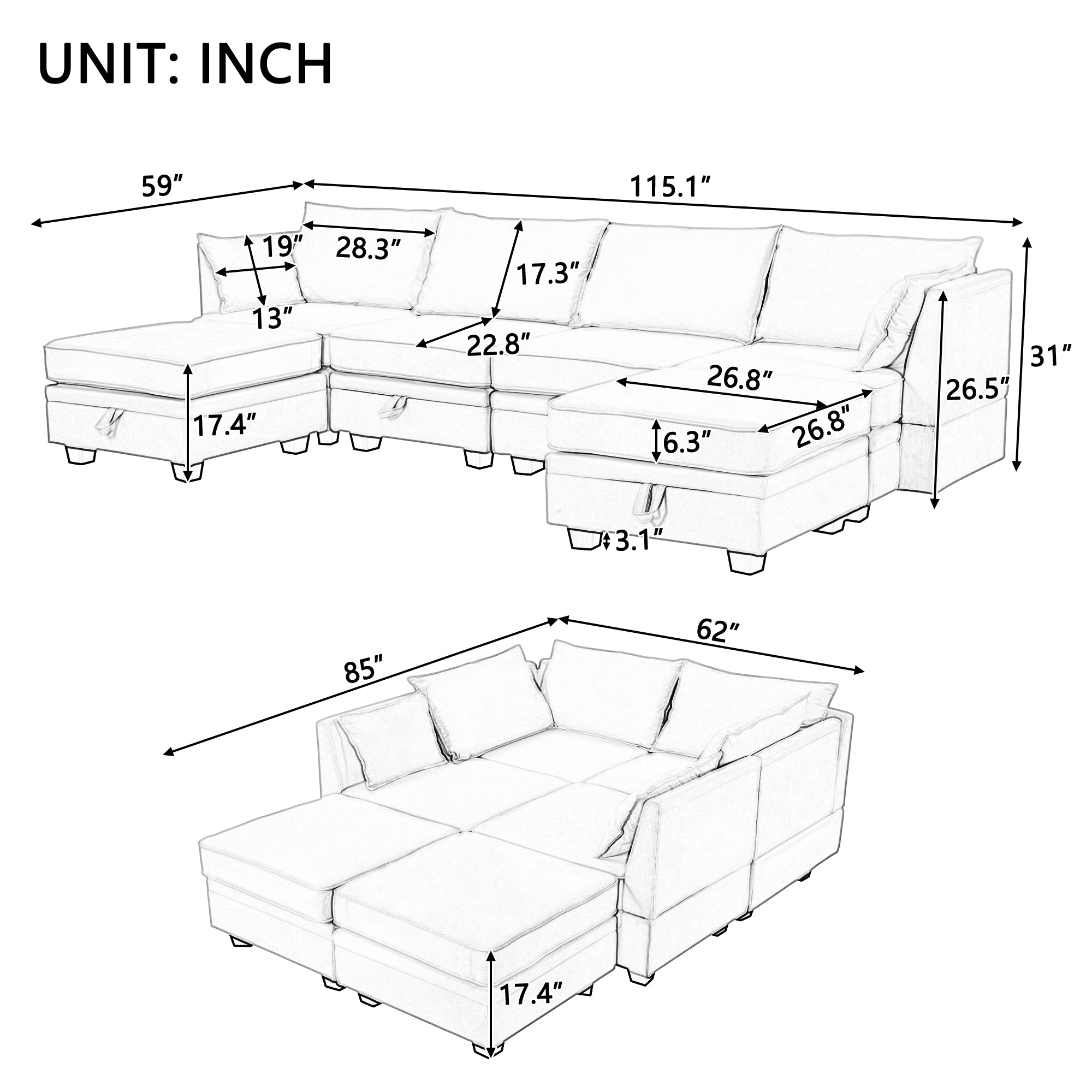 115" Linen Flared Arm Sectional Sofa with Storage Seat