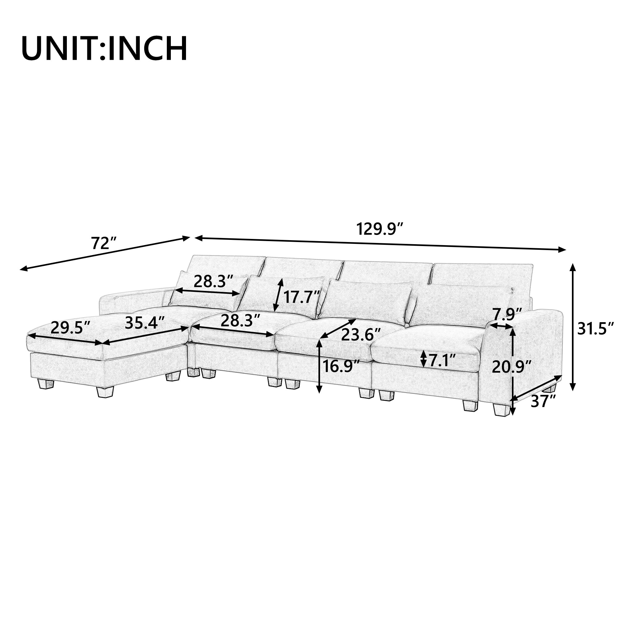 129.9" Linen Flared Arm Feather Filled Sectional Sofa with Reversible Chaise