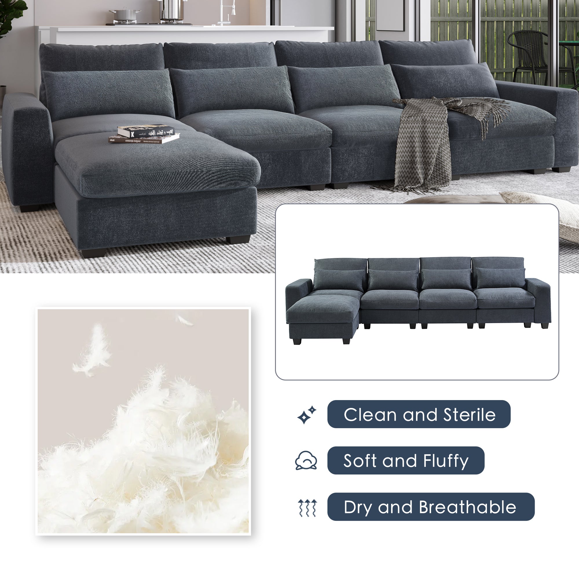 129.9" Linen Flared Arm Feather Filled Sectional Sofa with Reversible Chaise