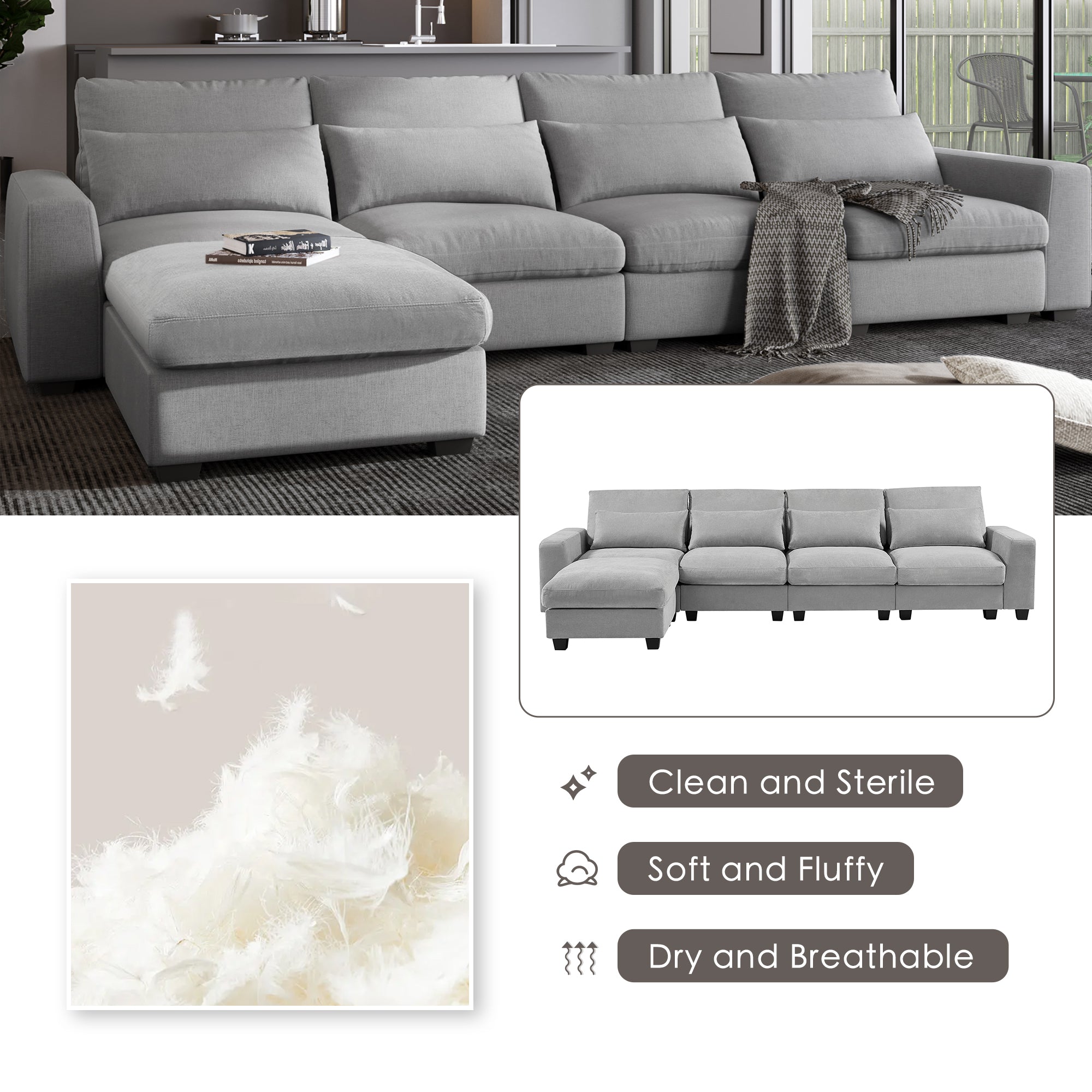 129.9" Linen Flared Arm Feather Filled Sectional Sofa with Reversible Chaise