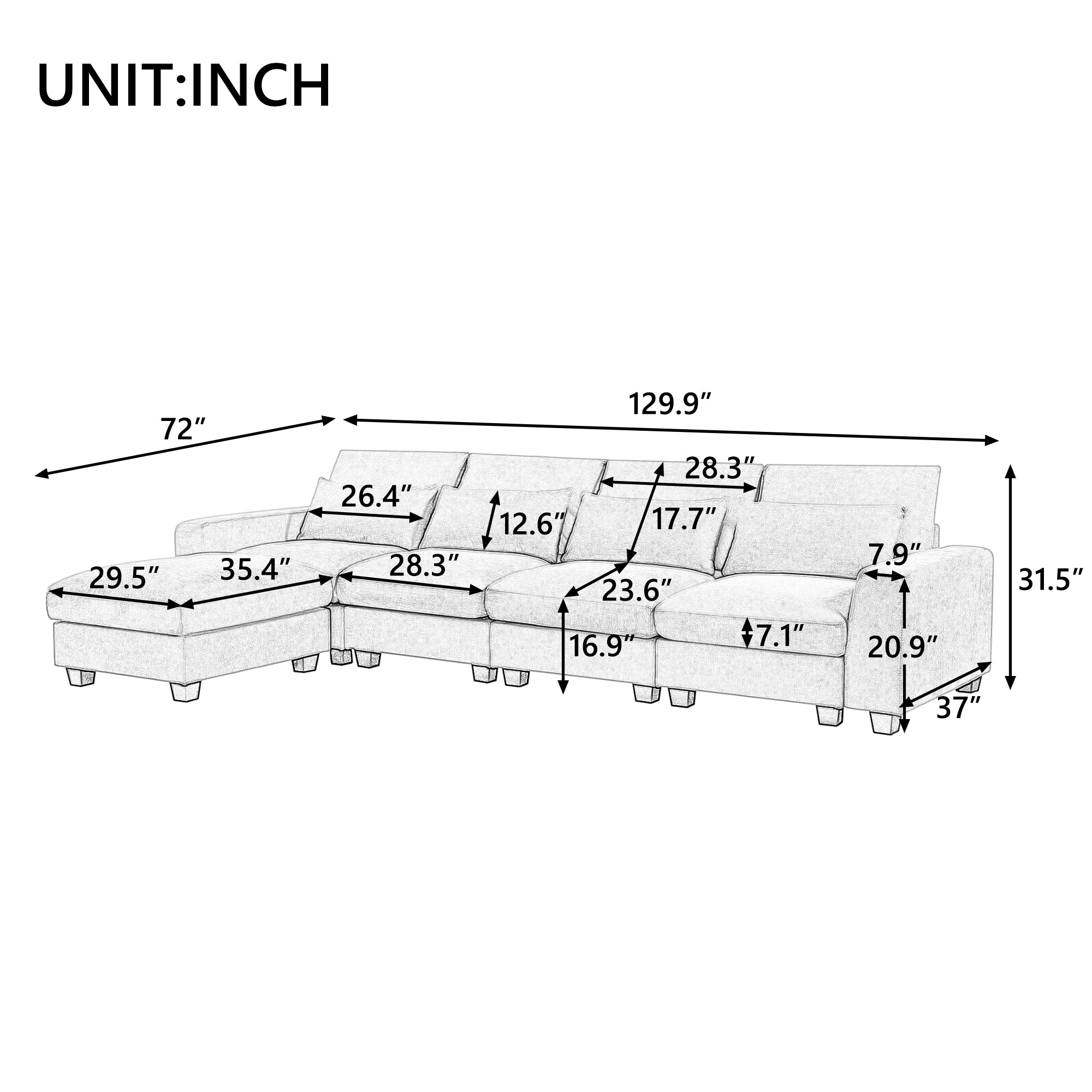 129.9" Linen Flared Arm Feather Filled Sectional Sofa with Reversible Chaise