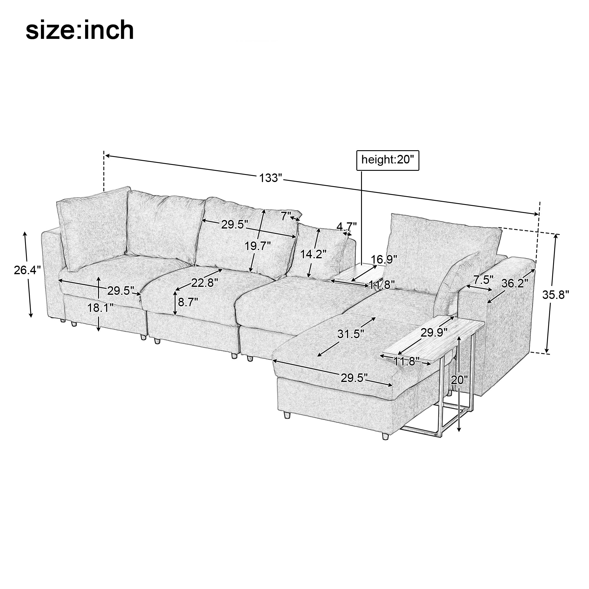 133" Polyester Square Arm Sofa Chaise and Pillows