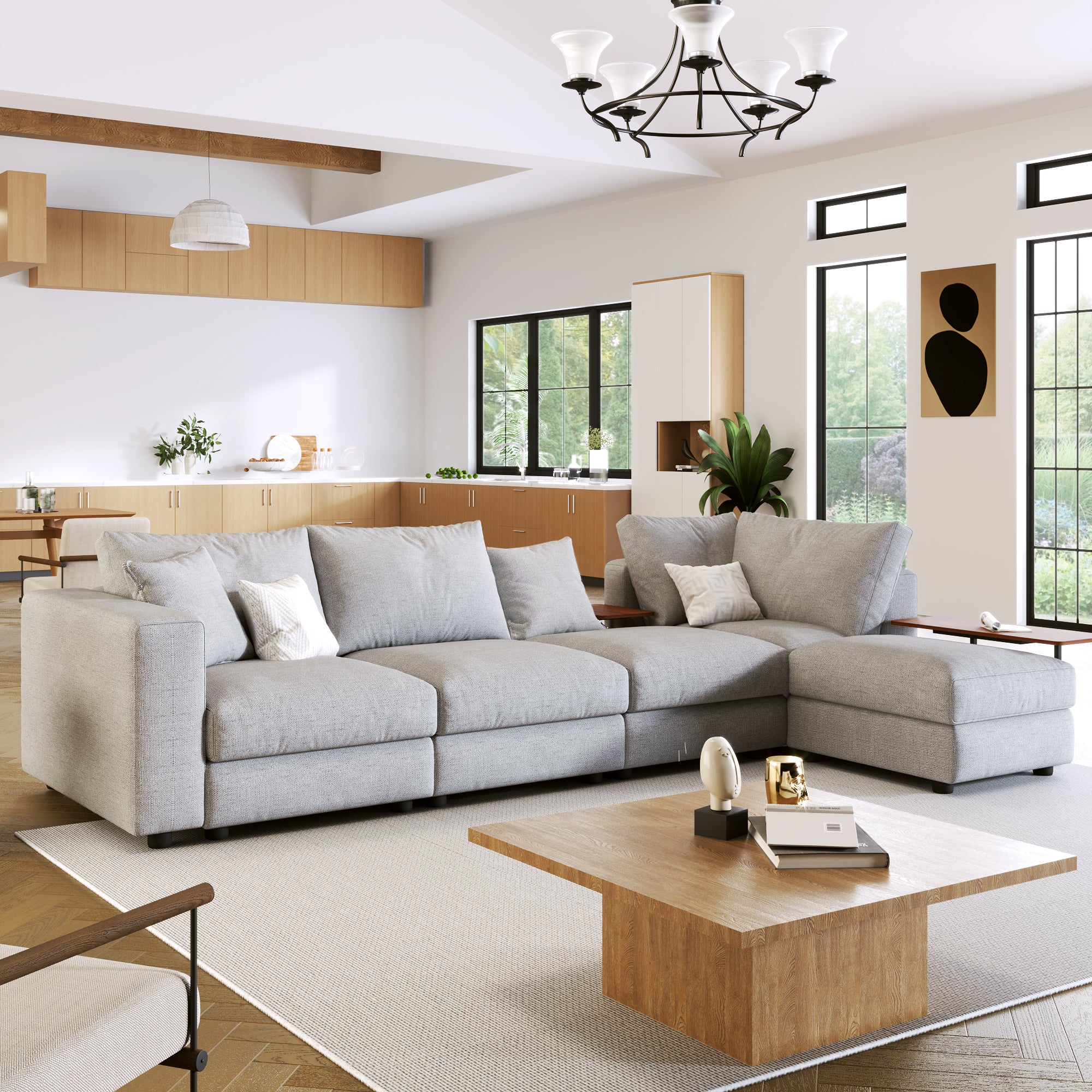 133" Polyester Square Arm Sofa Chaise and Pillows