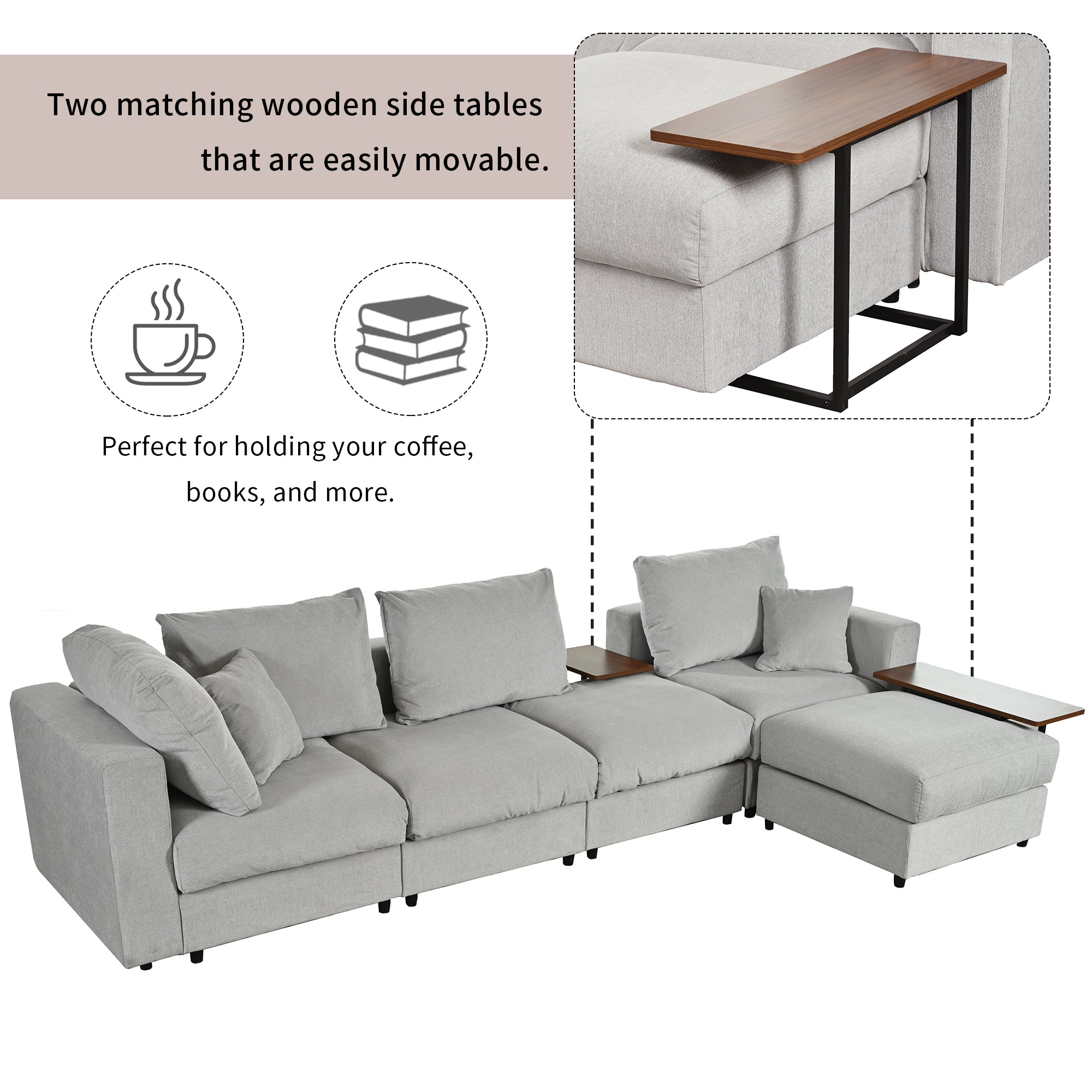 133" Polyester Square Arm Sofa Chaise and Pillows