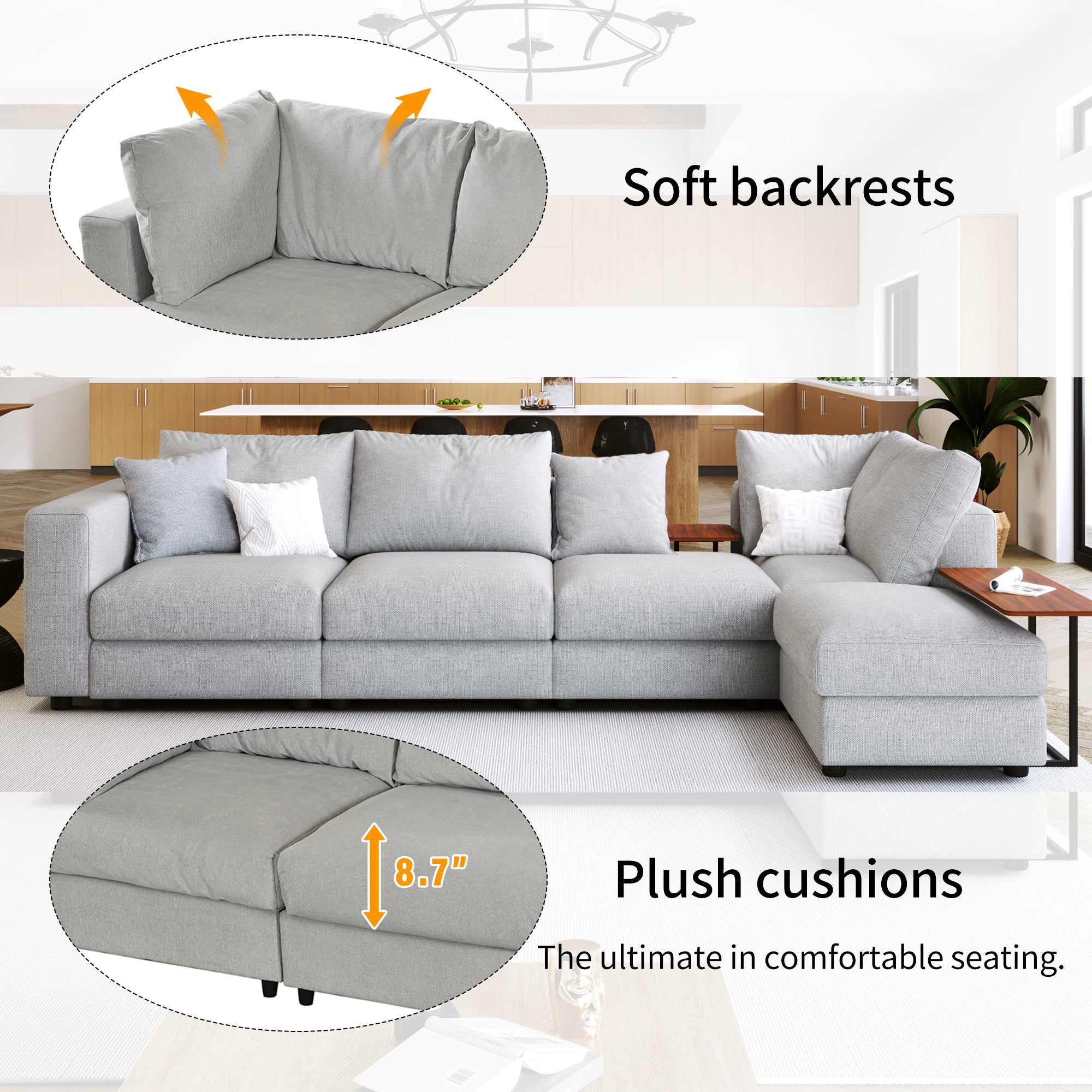 133" Polyester Square Arm Sofa Chaise and Pillows