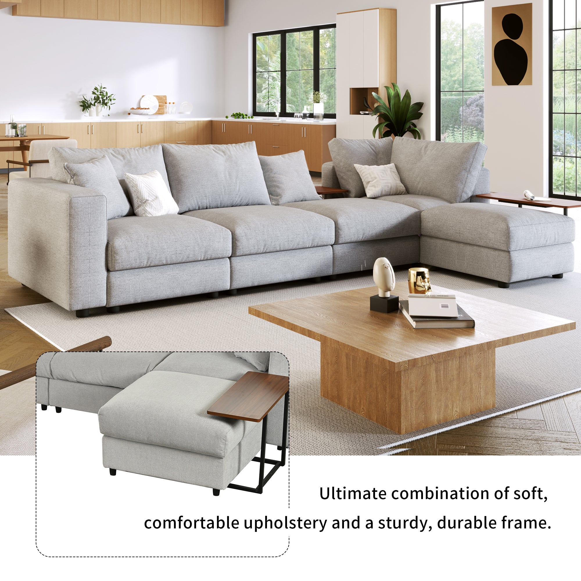 133" Polyester Square Arm Sofa Chaise and Pillows