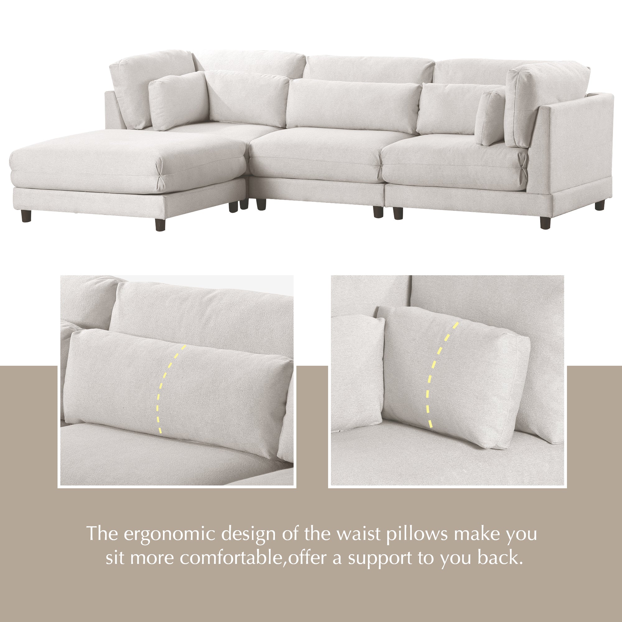 110.6" Polyester Flared Arm Sofa with Removable Ottomans and comfortable waist pillows