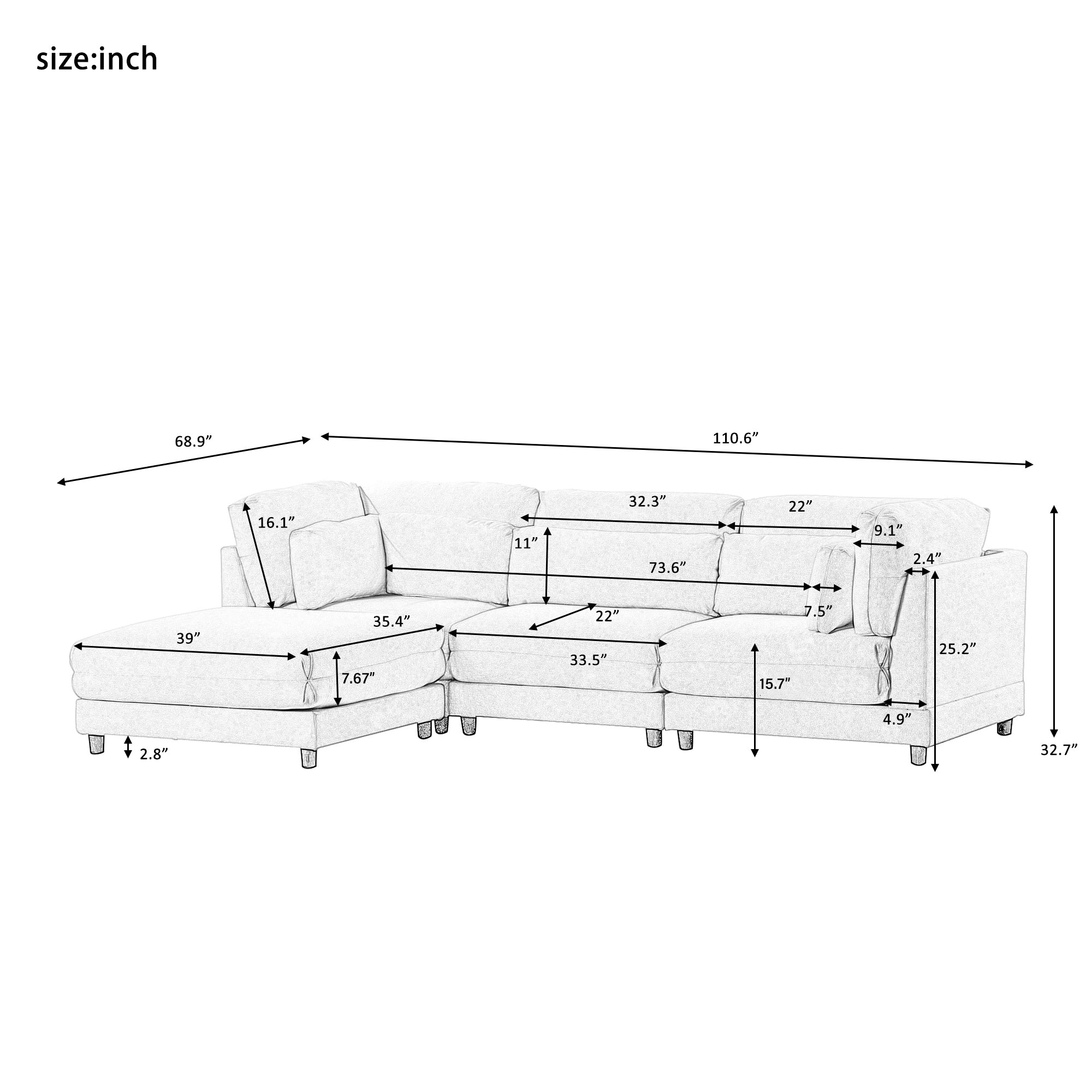 110.6" Polyester Flared Arm Sofa with Removable Ottomans and comfortable waist pillows