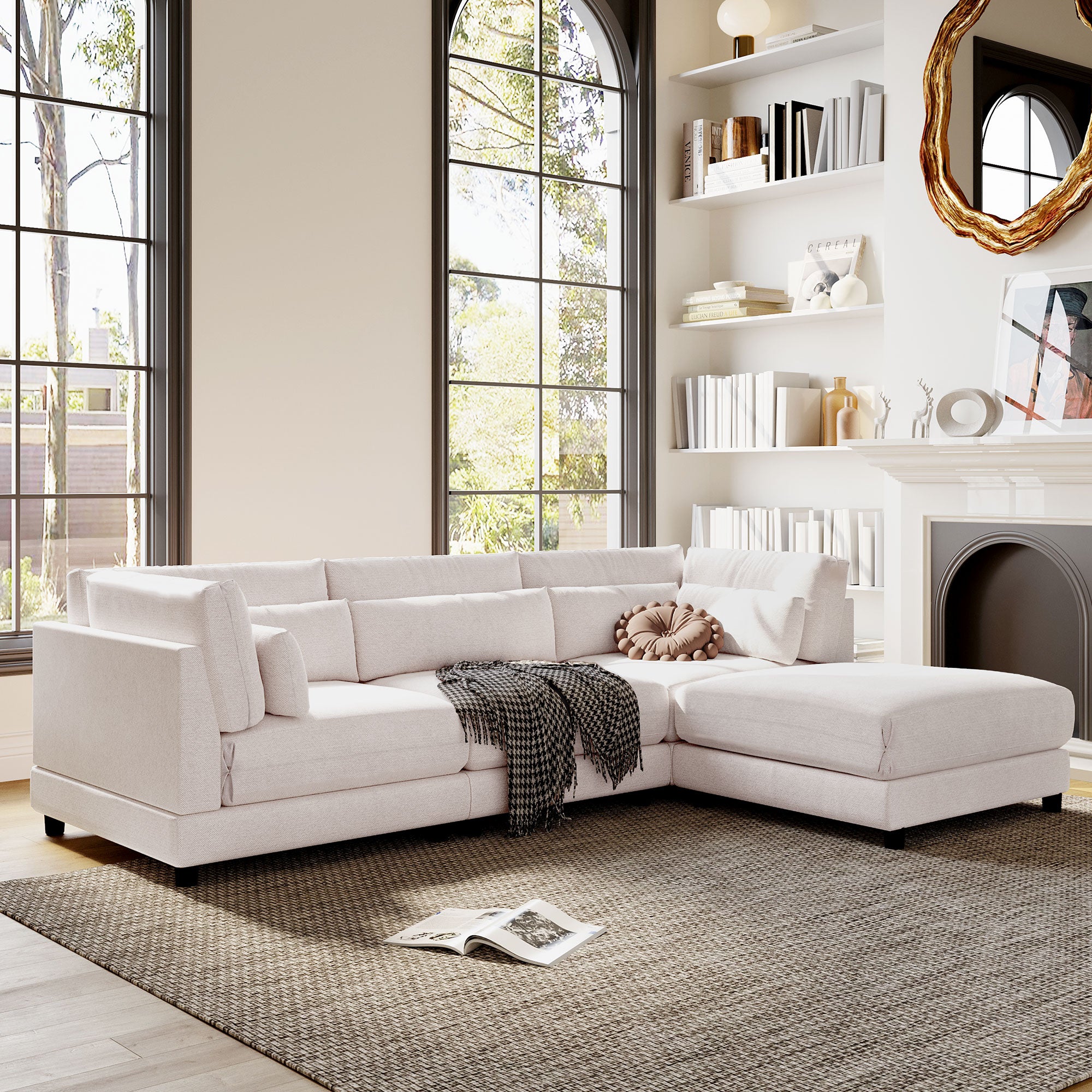 110.6" Polyester Flared Arm Sofa with Removable Ottomans and comfortable waist pillows