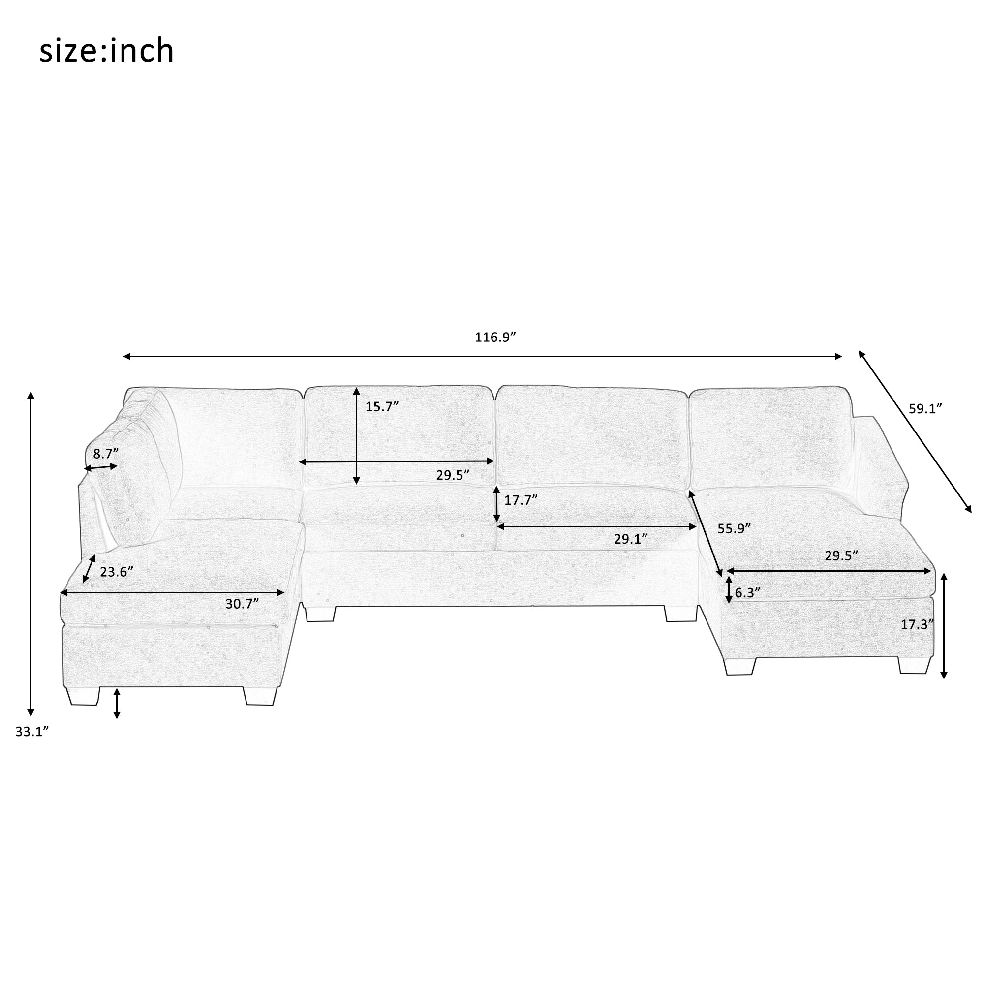 116.9" Polyester Flared Arm Modern Large U-Shape Sectional Sofa