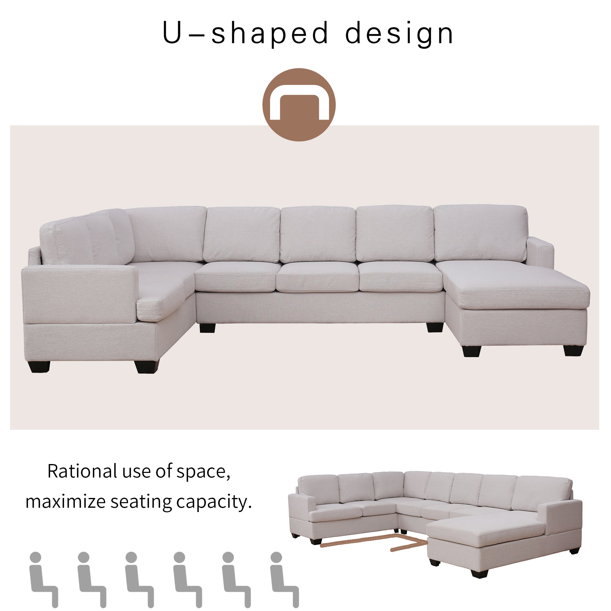 125.6" Polyester Square Arm Modern Large Upholstered U-Shape Sectional Sofa