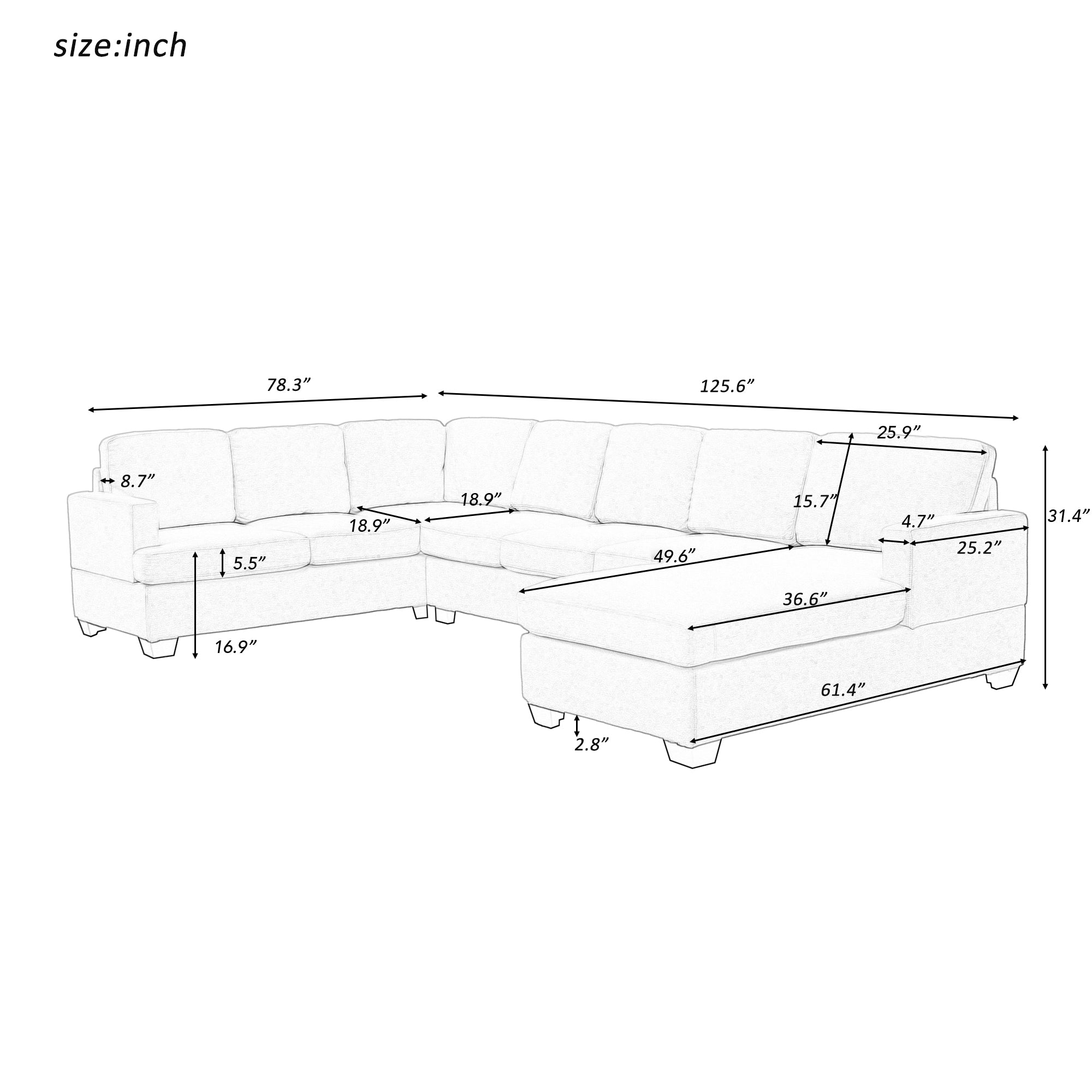 125.6" Polyester Square Arm Modern Large Upholstered U-Shape Sectional Sofa